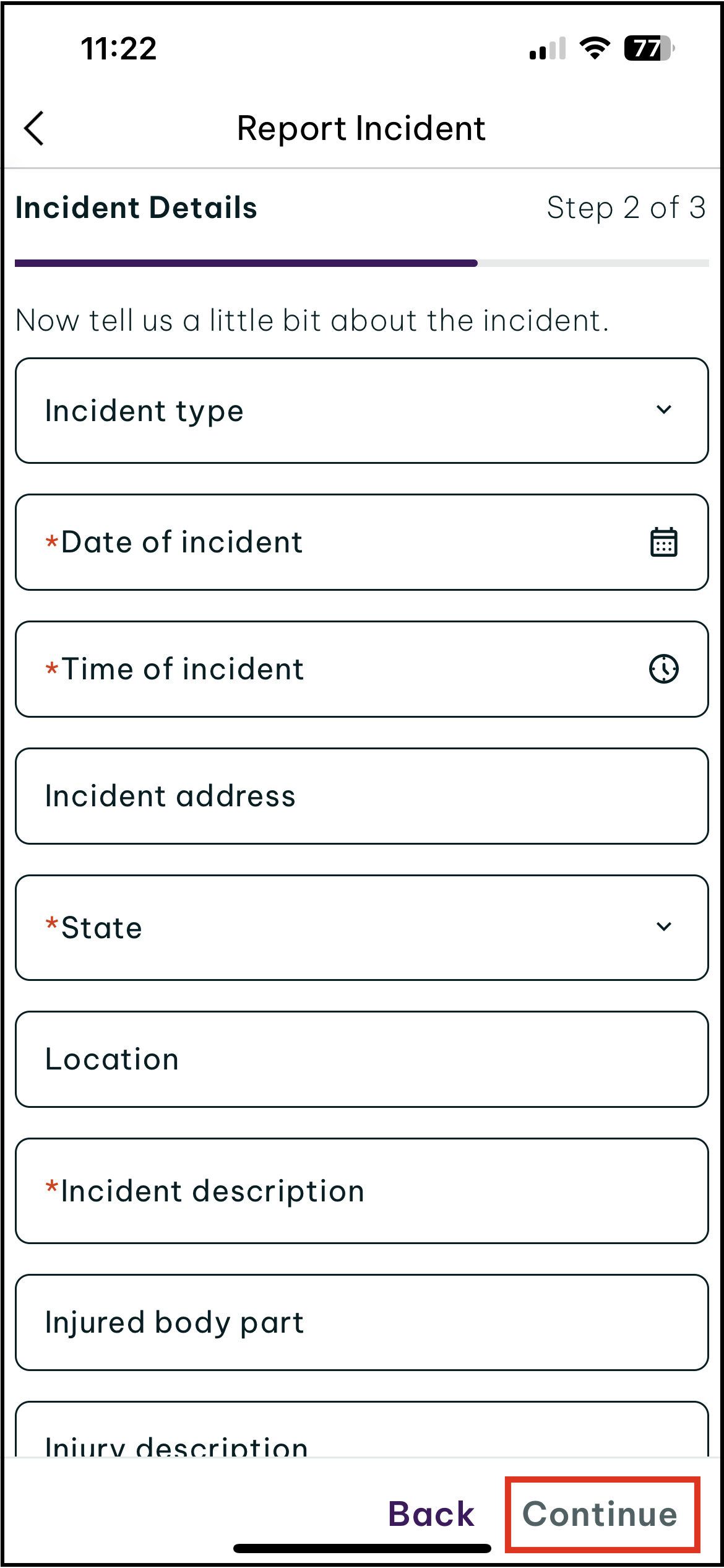 Screenshot of Swag app showing how to add the incident details and click continue