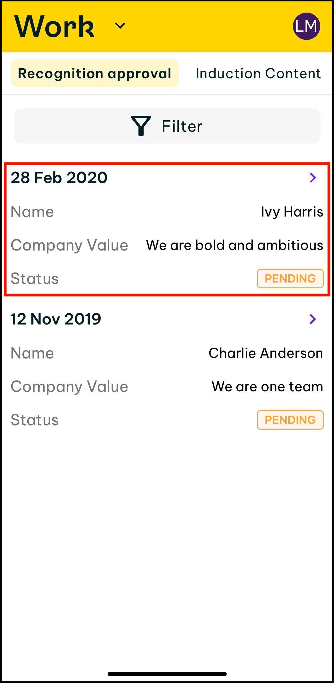 Screenshot of Swag app showing how to approve the pending recognition as a manager