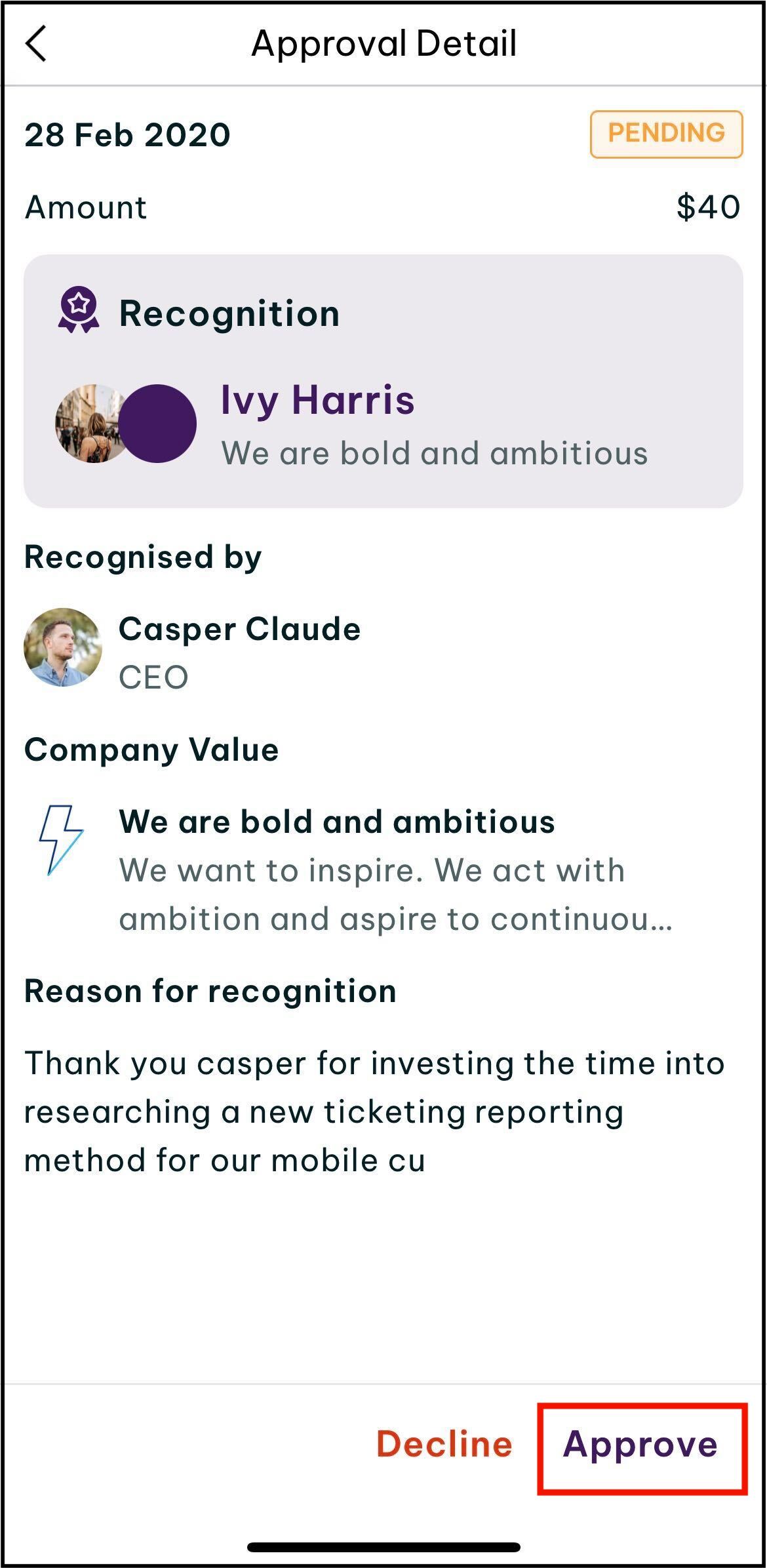 Screenshot of Swag app showing how to click on approve for the the pending recognition as a manager