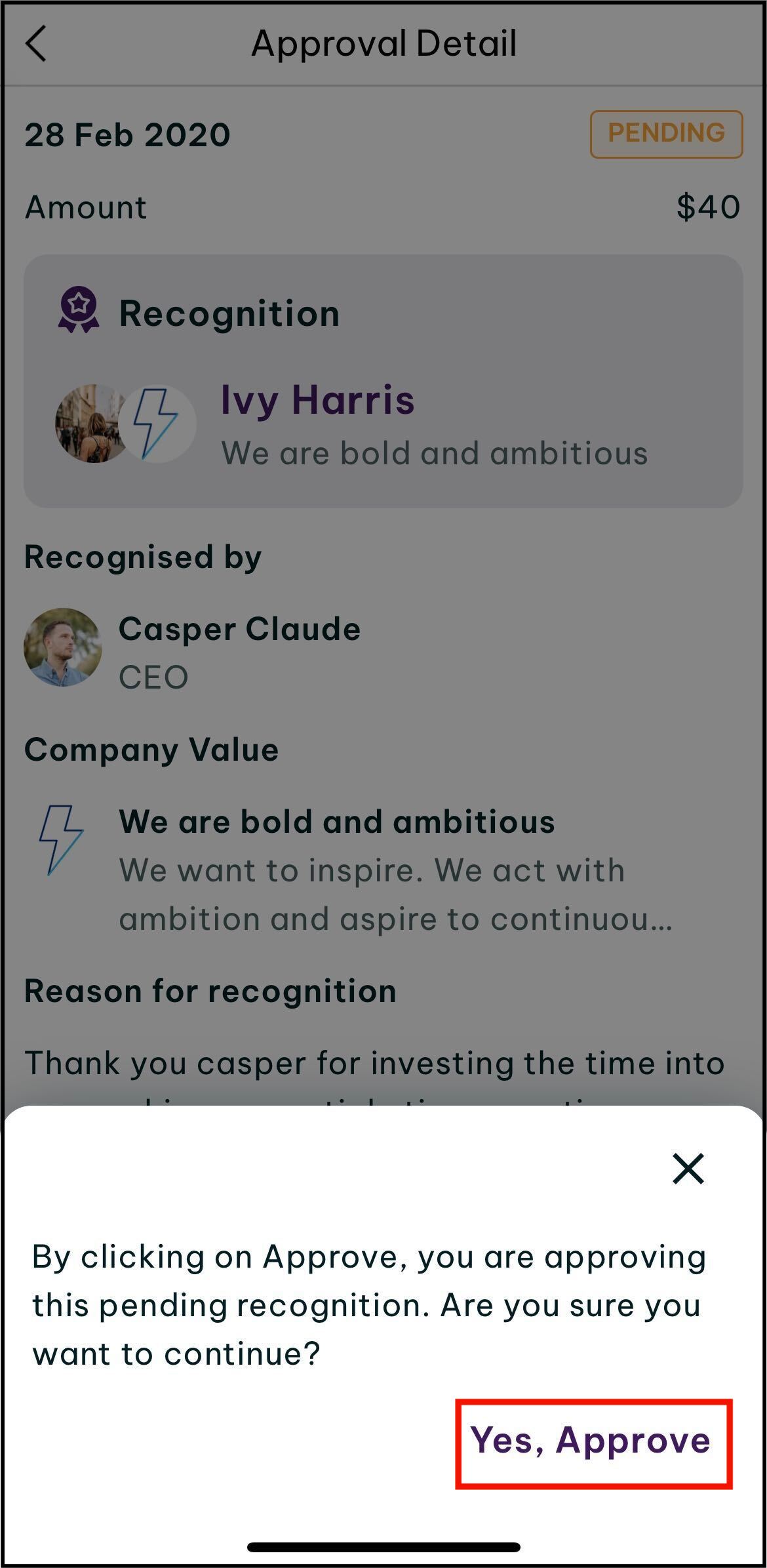 Screenshot of Swag app showing how to click on yes, approve for the the pending recognition as a manager. this will send a notification to the employee and the manager, and will appear on the company feed