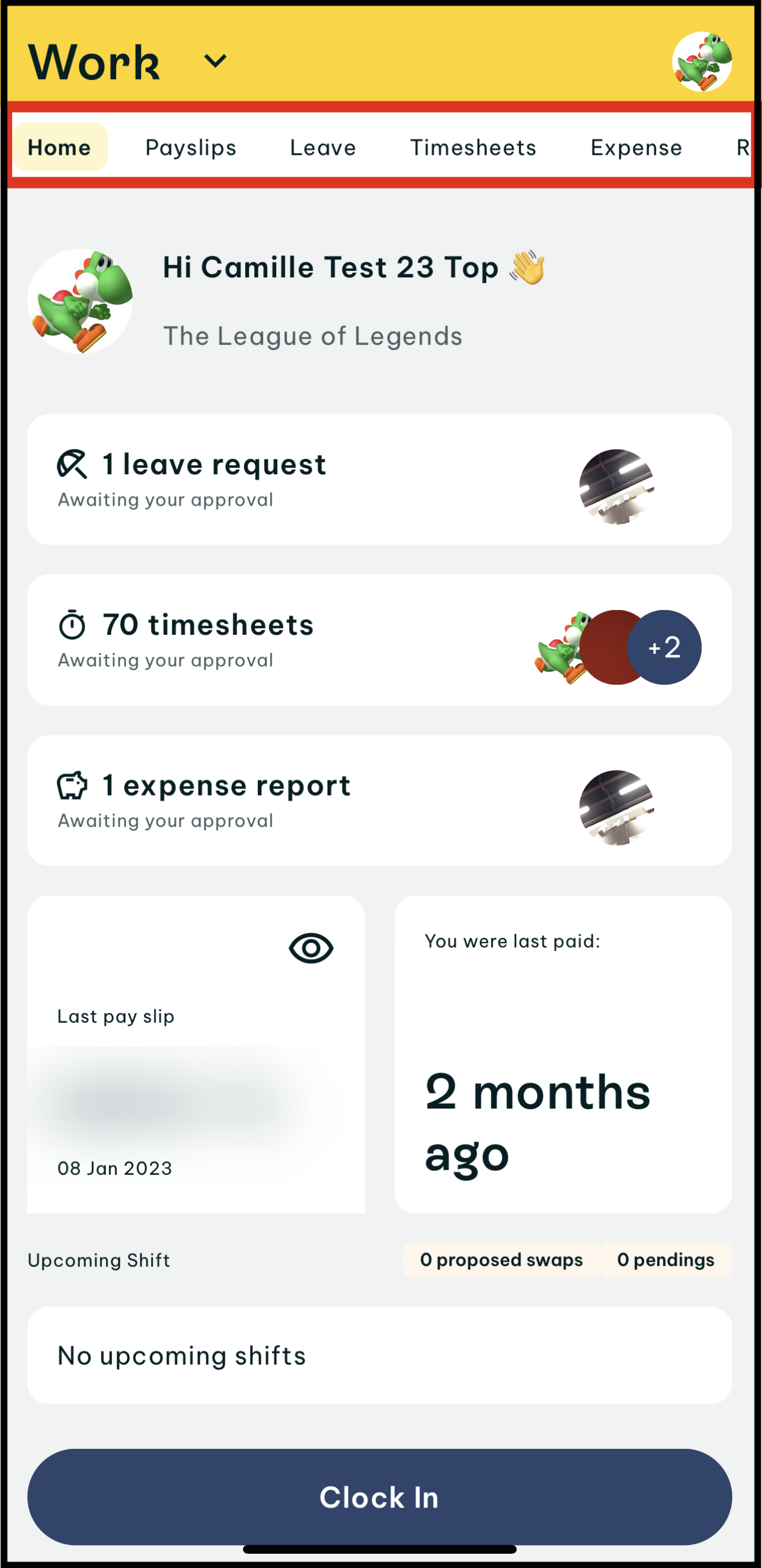 Screenshot of Work app in Swag showing the top bar showing from left to right: Home, payslips, leave, timesheets, then expenses. If you see this view when you tap on Work in Swag, that means that your employer is using payroll-only software.