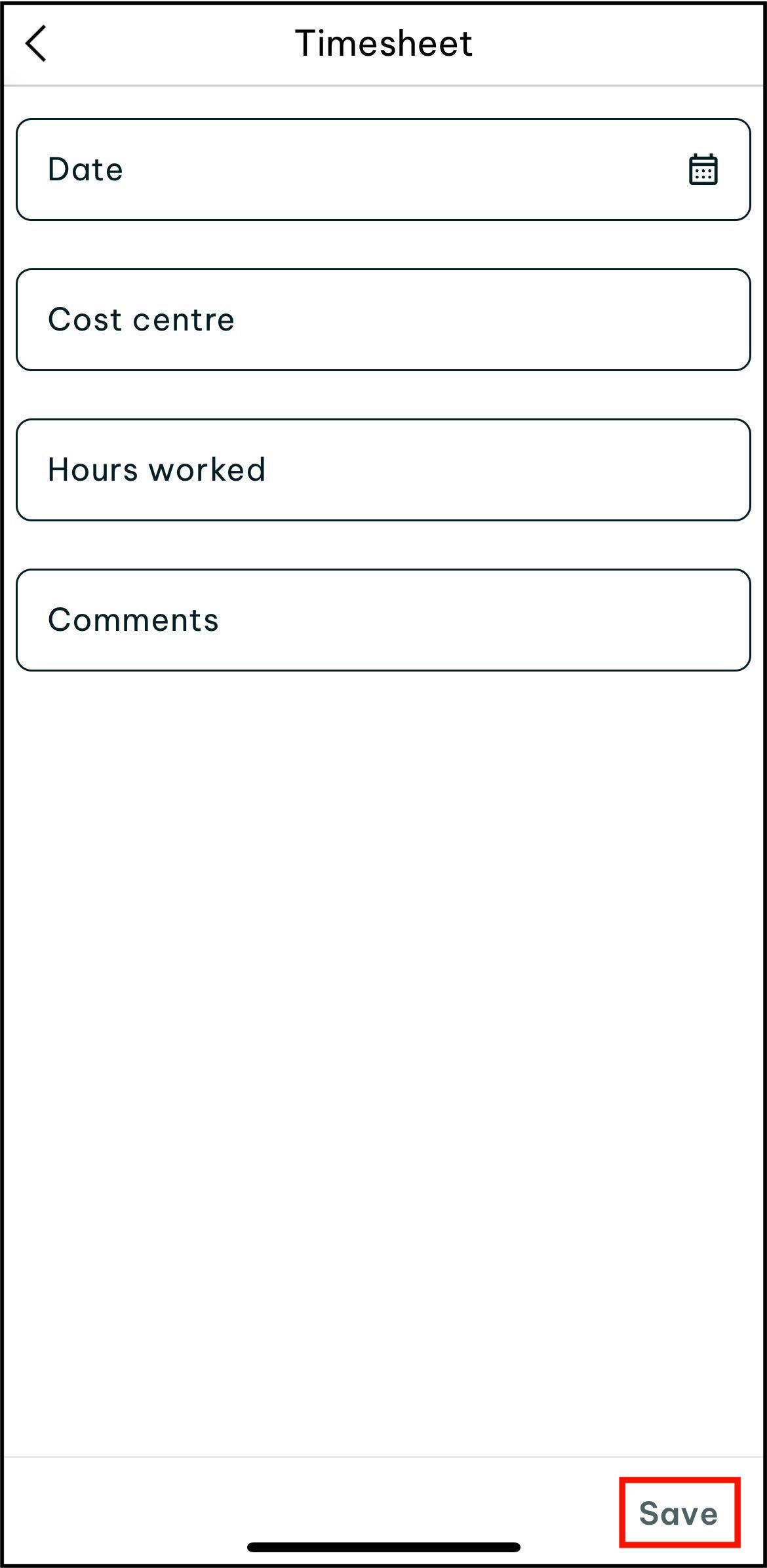 Screenshot of swag app, in the work section, displaying how to tap on save at the bottom of the screen  to save your timesheet in the timesheets section of work