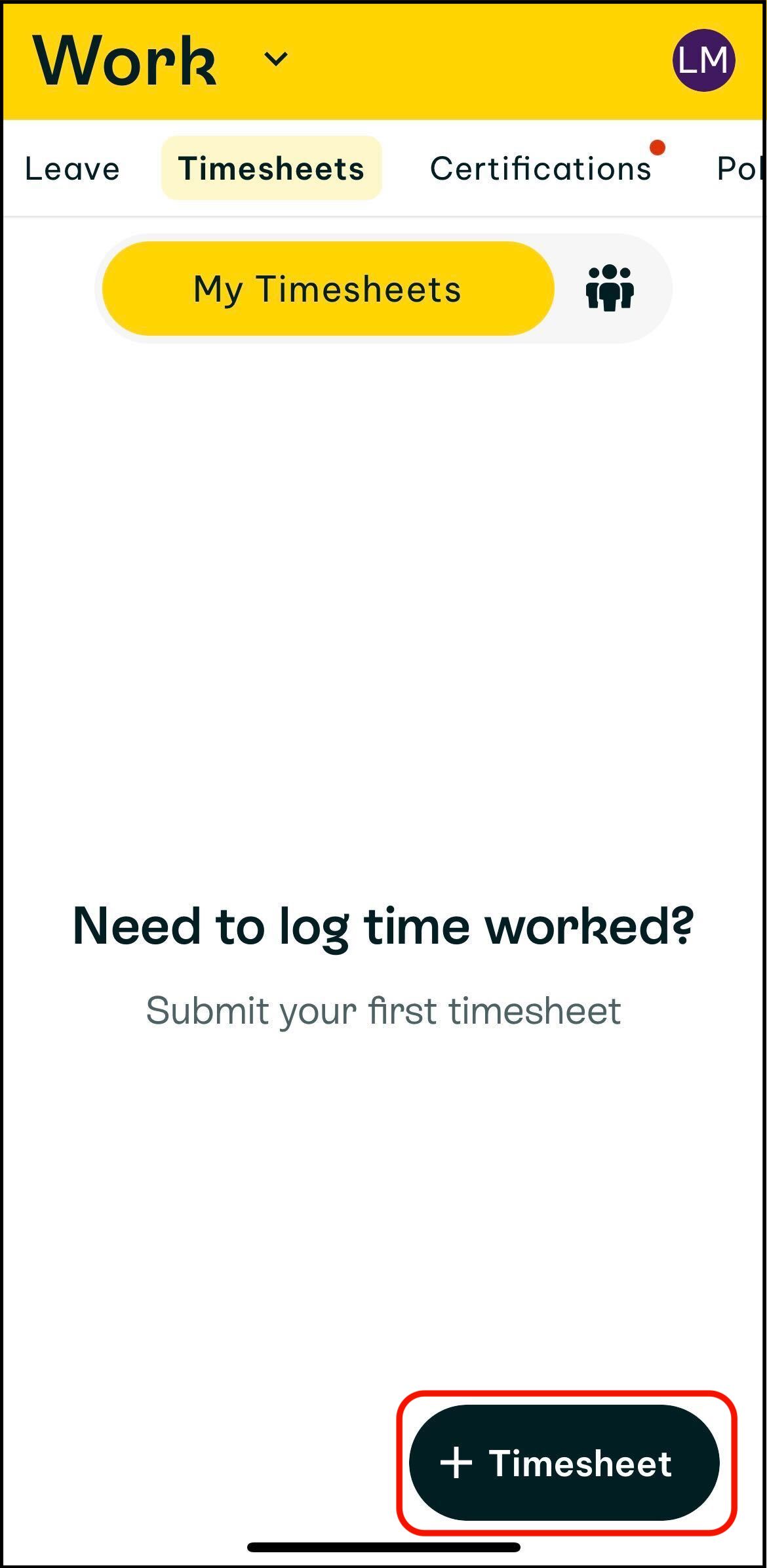 Screenshot of swag app, in the work section, displaying how to tap on plus timesheet at the bottom of the screen in the timesheets section of work
