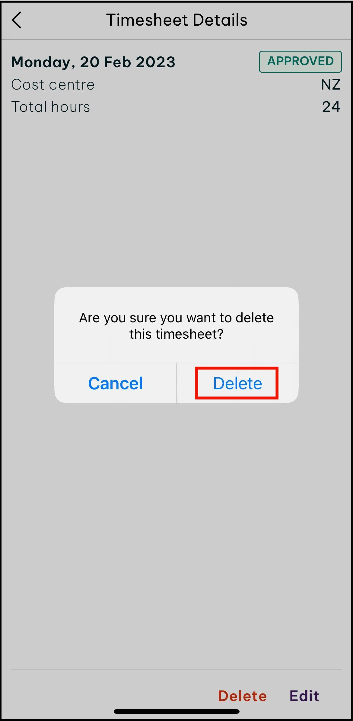 Screenshot of swag app, in the work section, displaying how to tap on the delete pop up to delete a timesheet in the timesheets section of work
