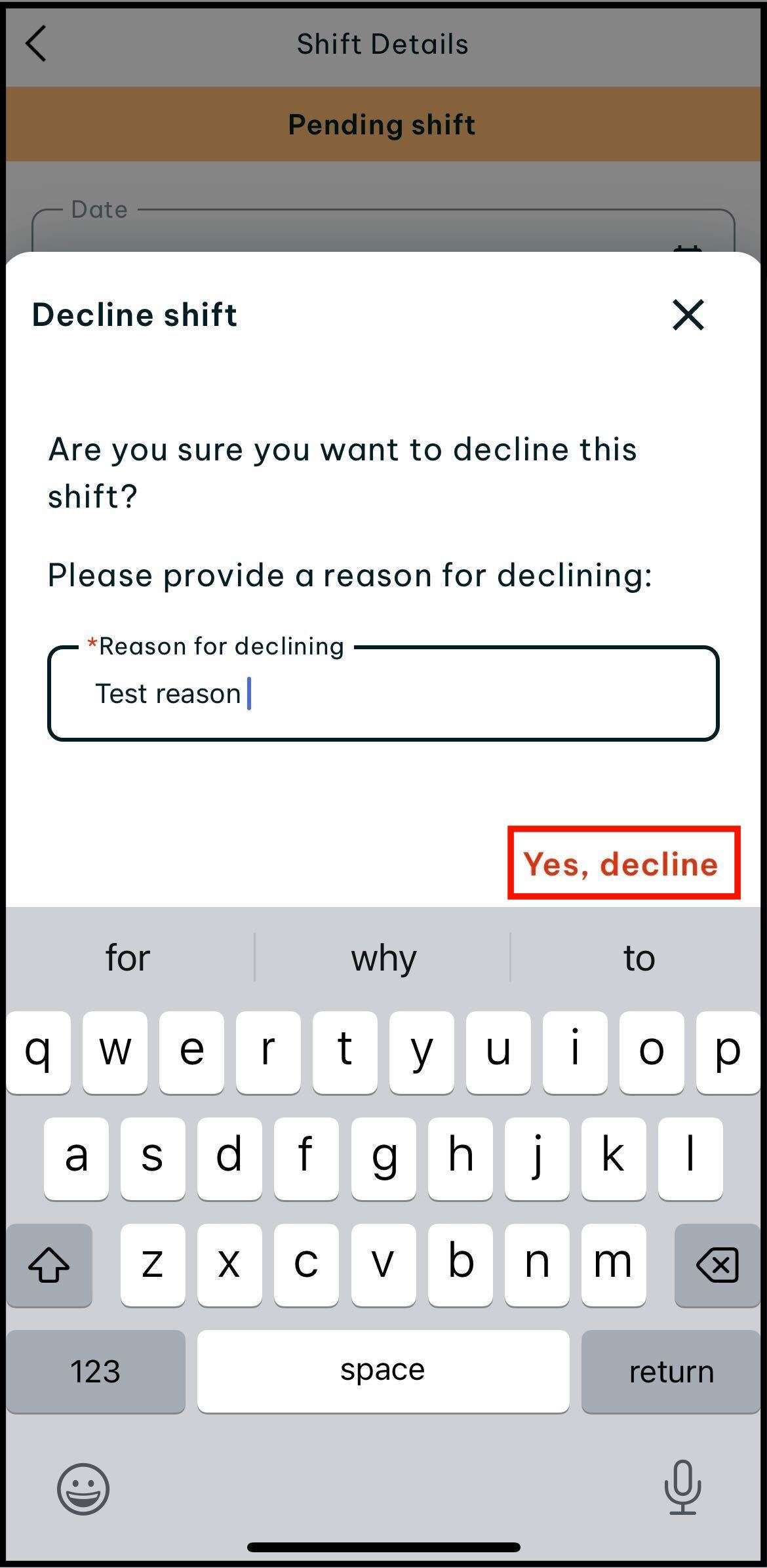 screenshot of work section in swag app displaying where to tap on yes decline to decline an individual shift
