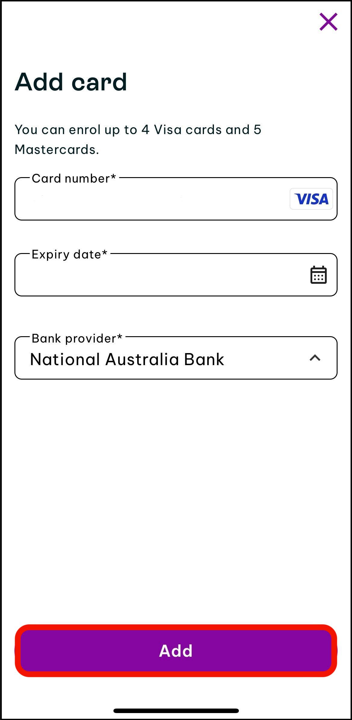 Screenshot of add card screen in benefits highlighting where to tap on add to enrol new card for cashback
