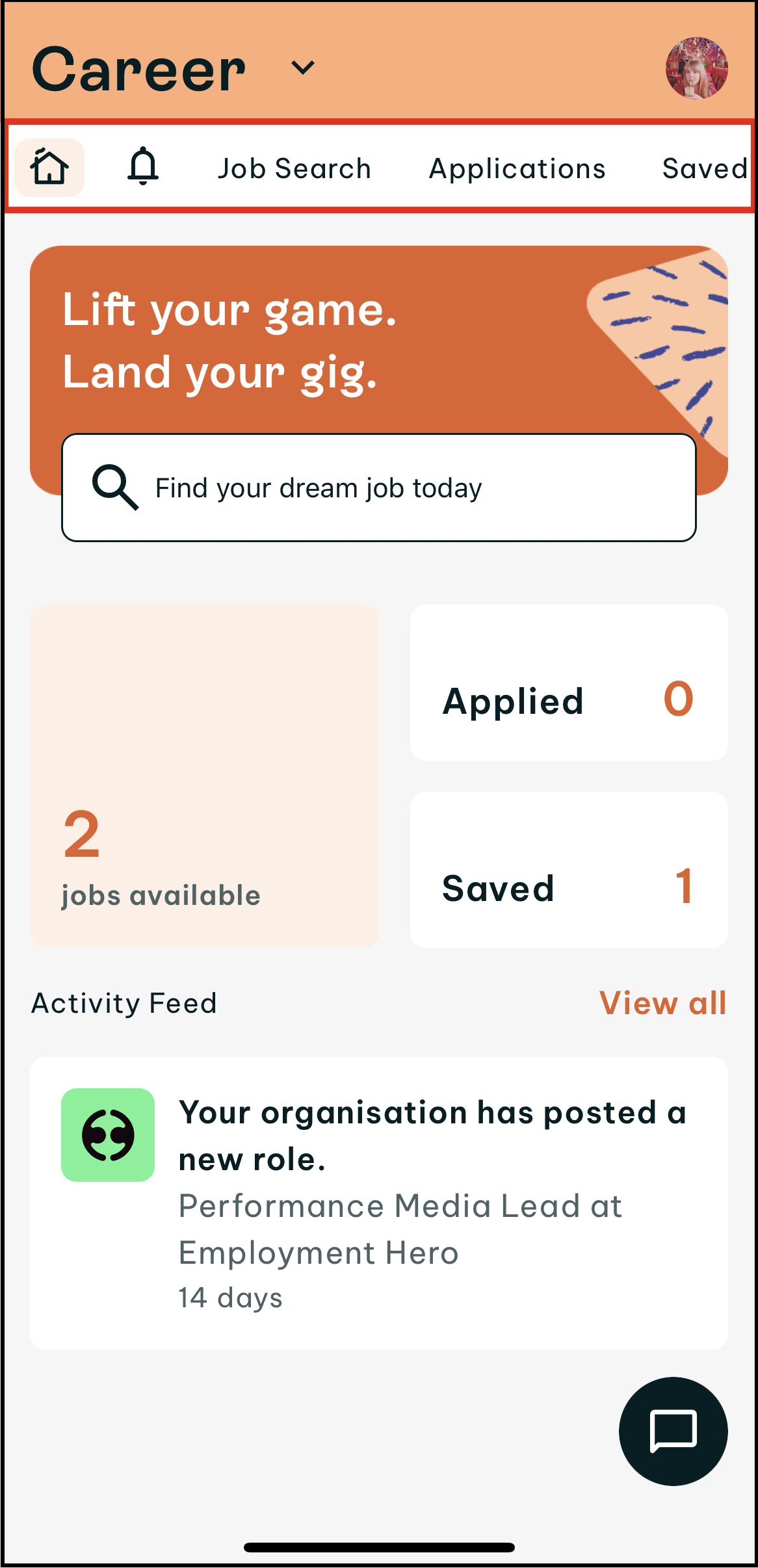 Screenshot of Career home screen in the Swag app, describing what action you can perform by tapping on the menu items along the top bar