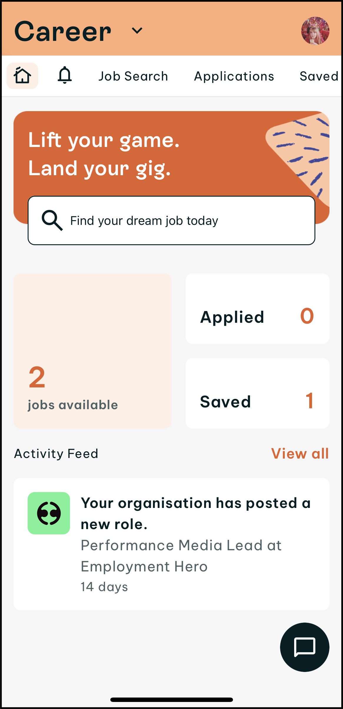 Screenshot of Career home screen in the Swag app, describing all sections on the home screen.