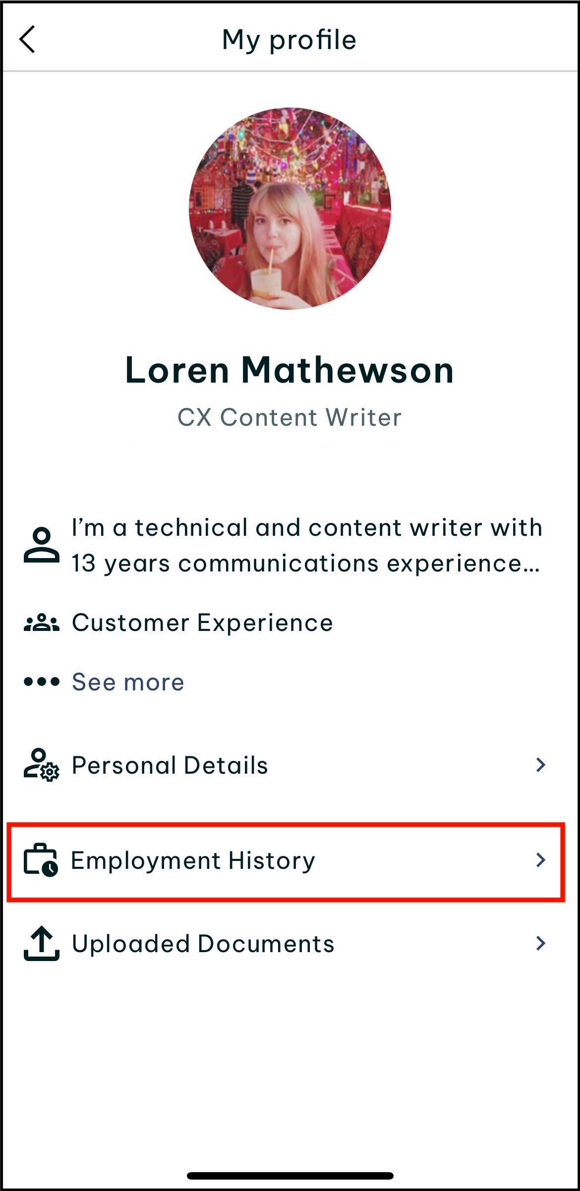 Screenshot of prompt to tap my profile to view your employment history in the swag app at your current organisation