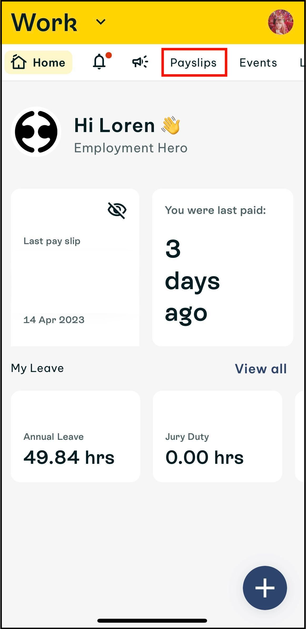 Screenshot of the work seection in swag, highlighting where to tap on payslips