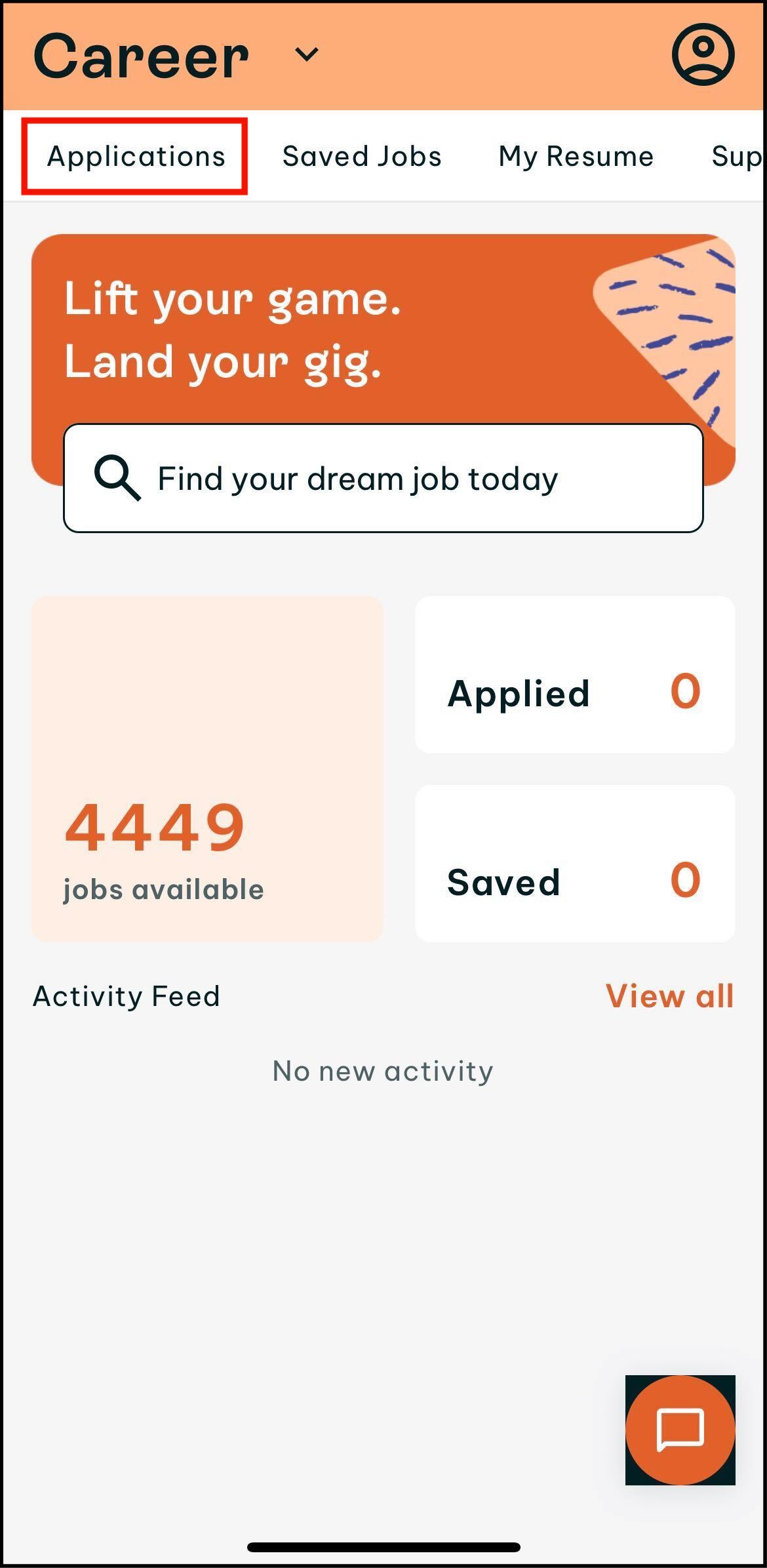 Screenshot of swag home screen highlighting where to tap on the career icon