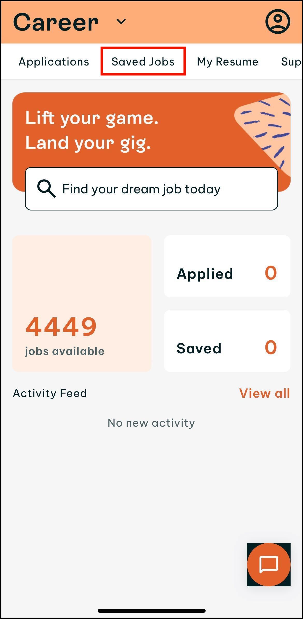 Screenshot of career section in swag highlighting where you can tap on saved jobs along the top bar