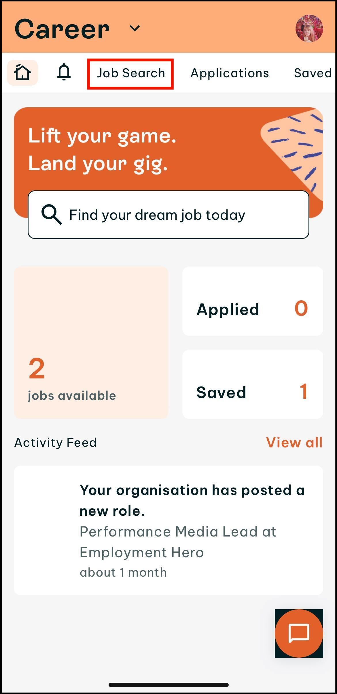 Screenshot of swag home screen highlighting where to tap on the job search
