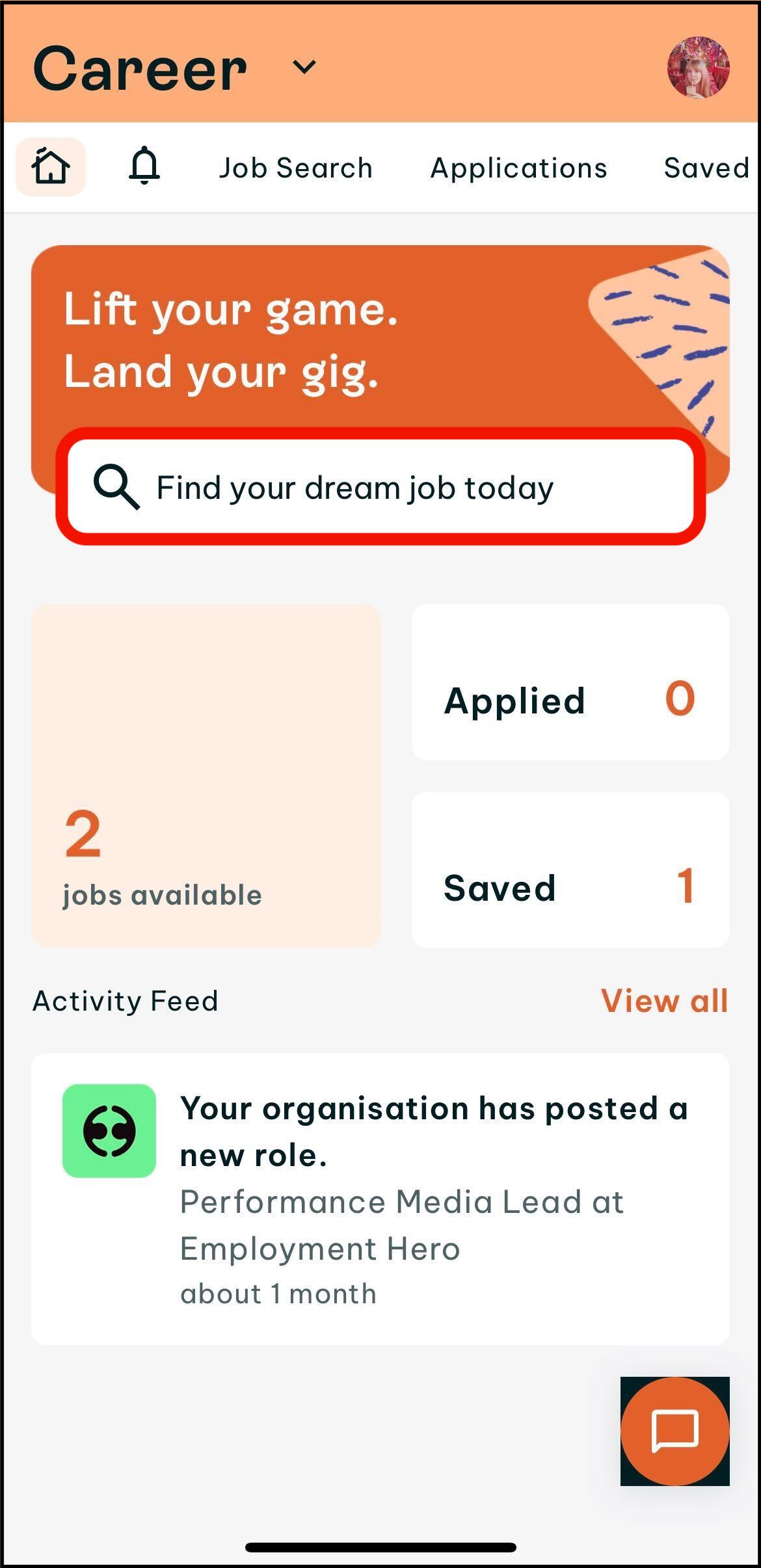 Screenshot of career home screen in the swag app highlighting the search bar