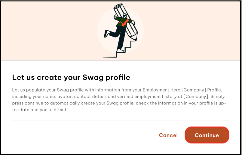 Screenshot of the popup that you receive in your hris software website asking if you would like to populate your Swag career profile with your existing employee data