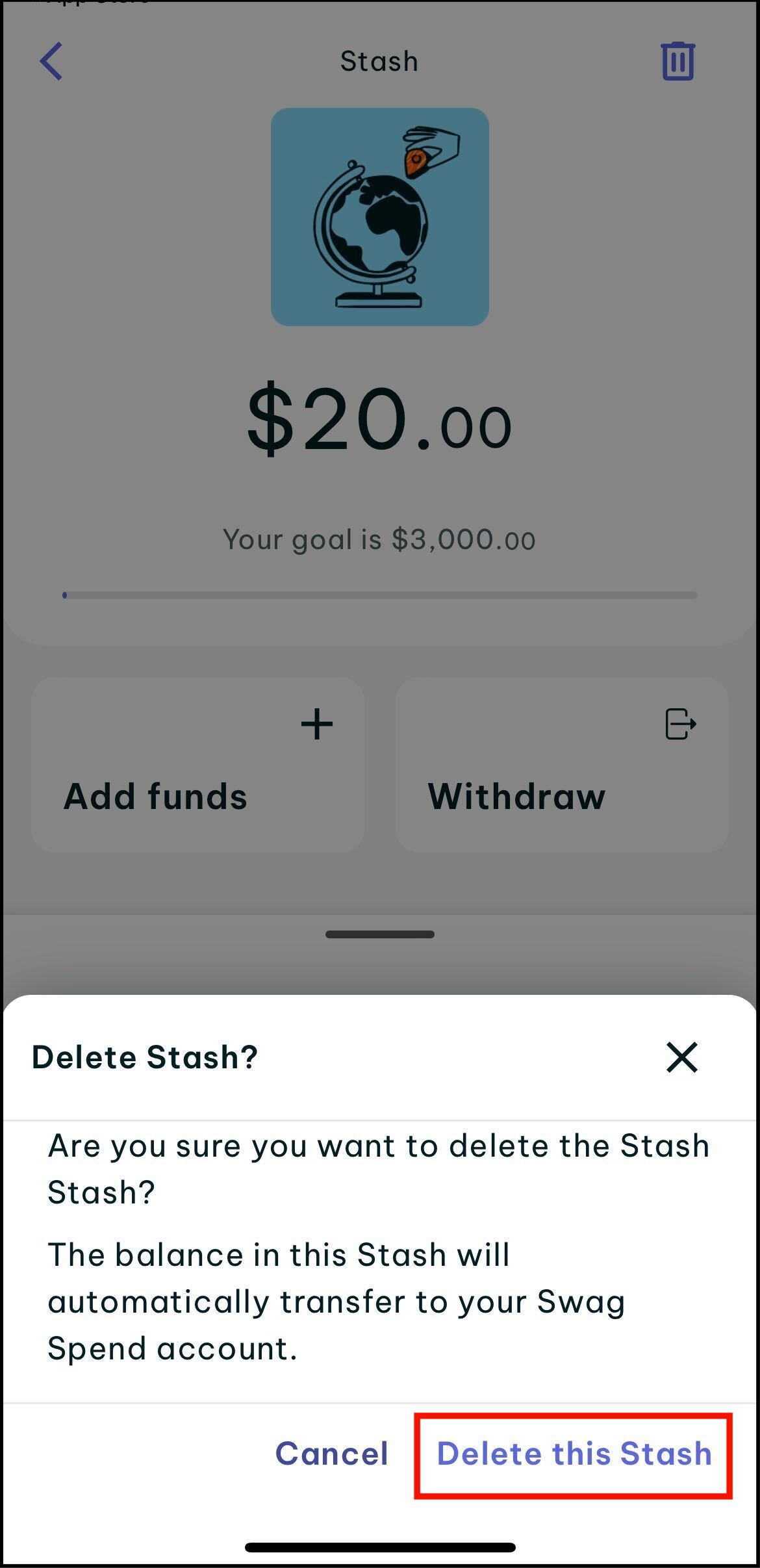 Screenshot of stash home screen with your chosen account highlighted