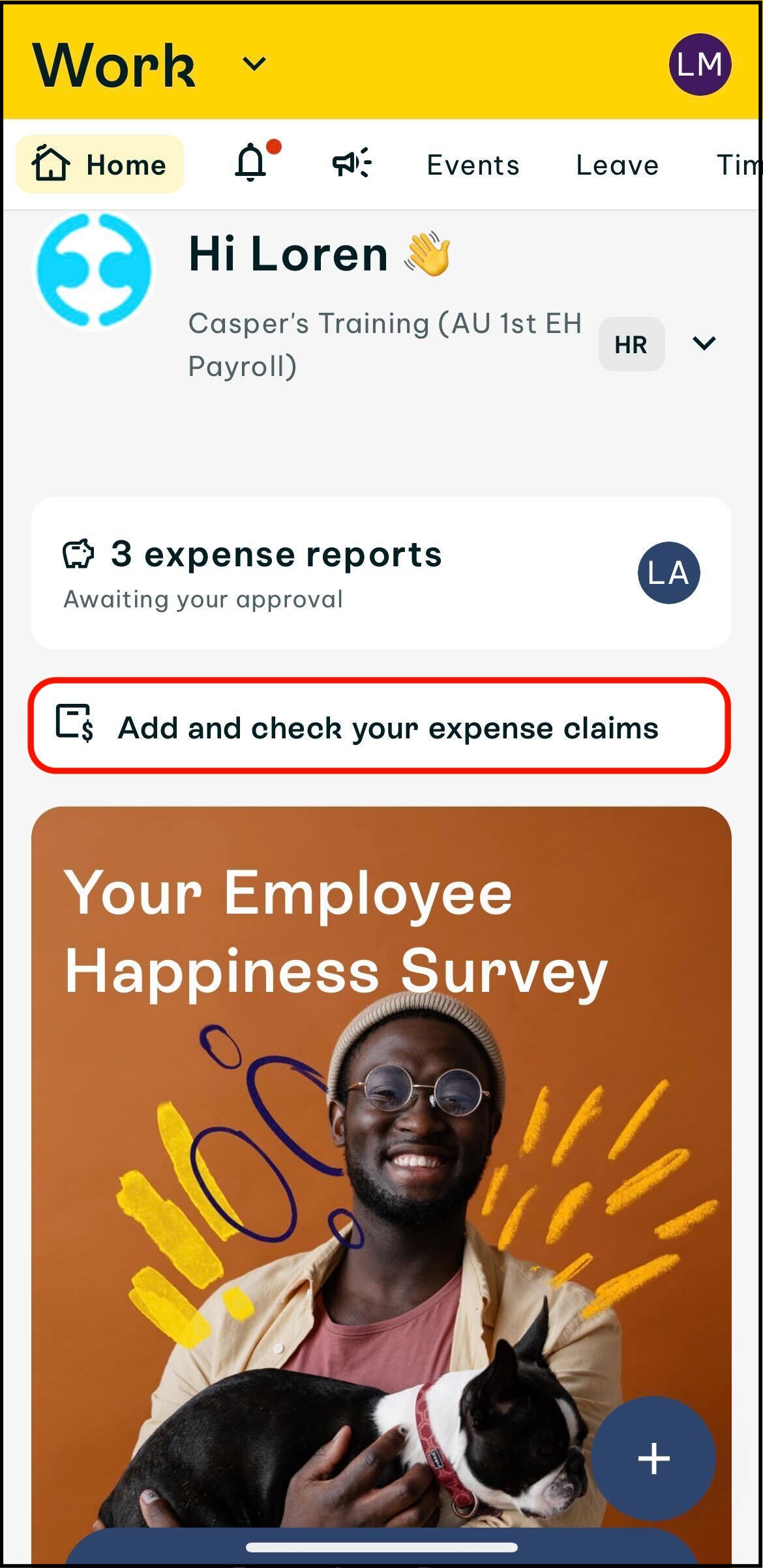 Screenshot of work home screen with the Add and check your expense claims icon highlighted