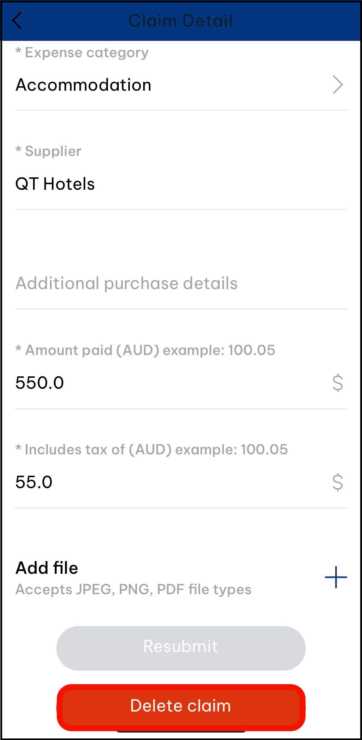 Screenshot of expenses section displaying where to tap on your desired claim to edit it