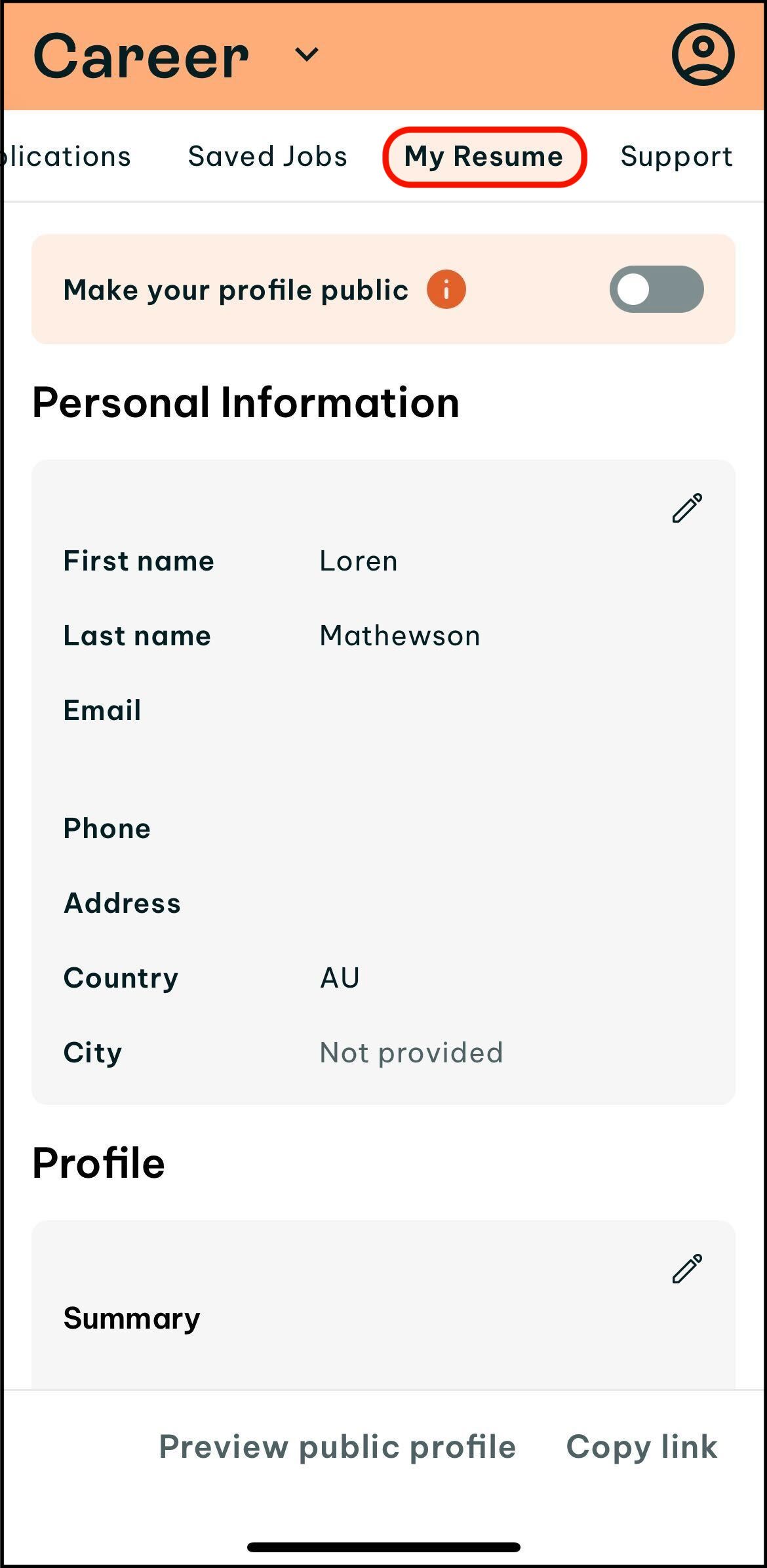 Screenshot of how to scroll across the top bar in Career to tap on My resume. You will need to upload a resume before you can apply for jobs in career