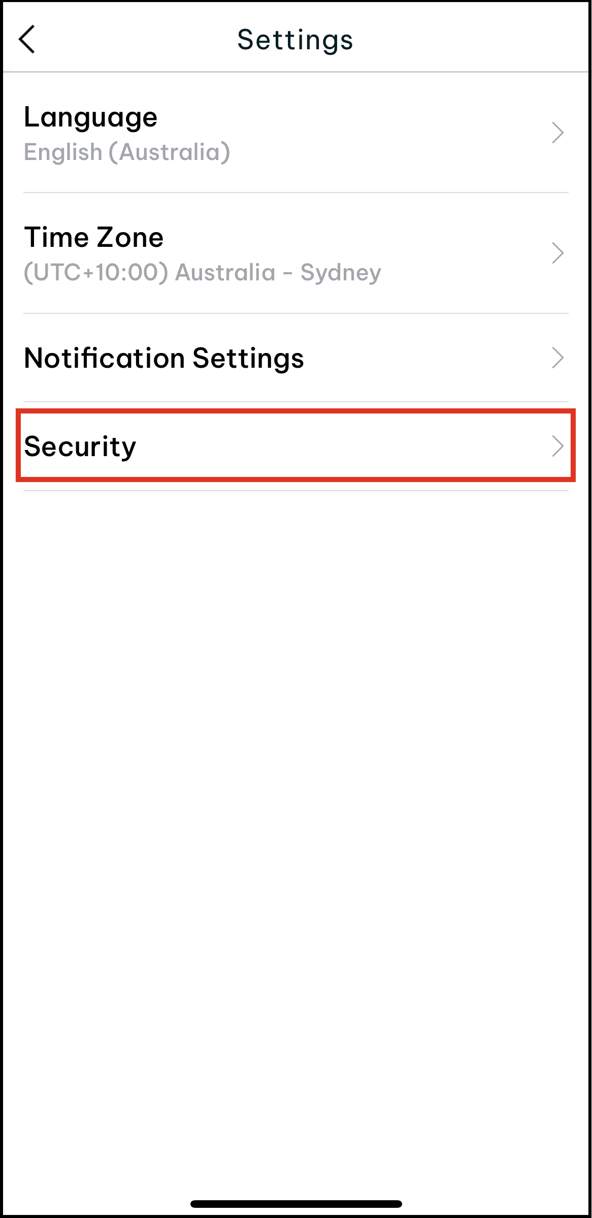 Screenshot of my account screen highlighting where to tap on security