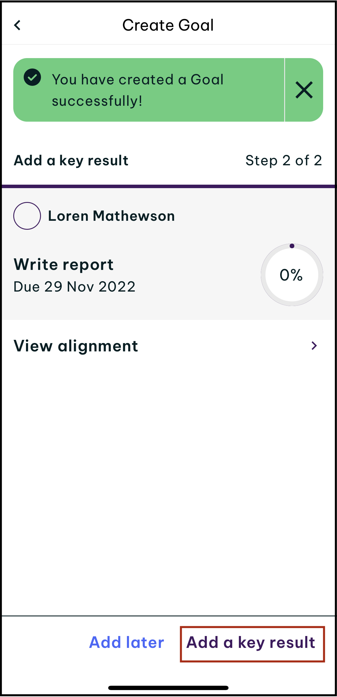 Screenshot of prompt to tap add key result or add later details to your goal in the employment hero app.