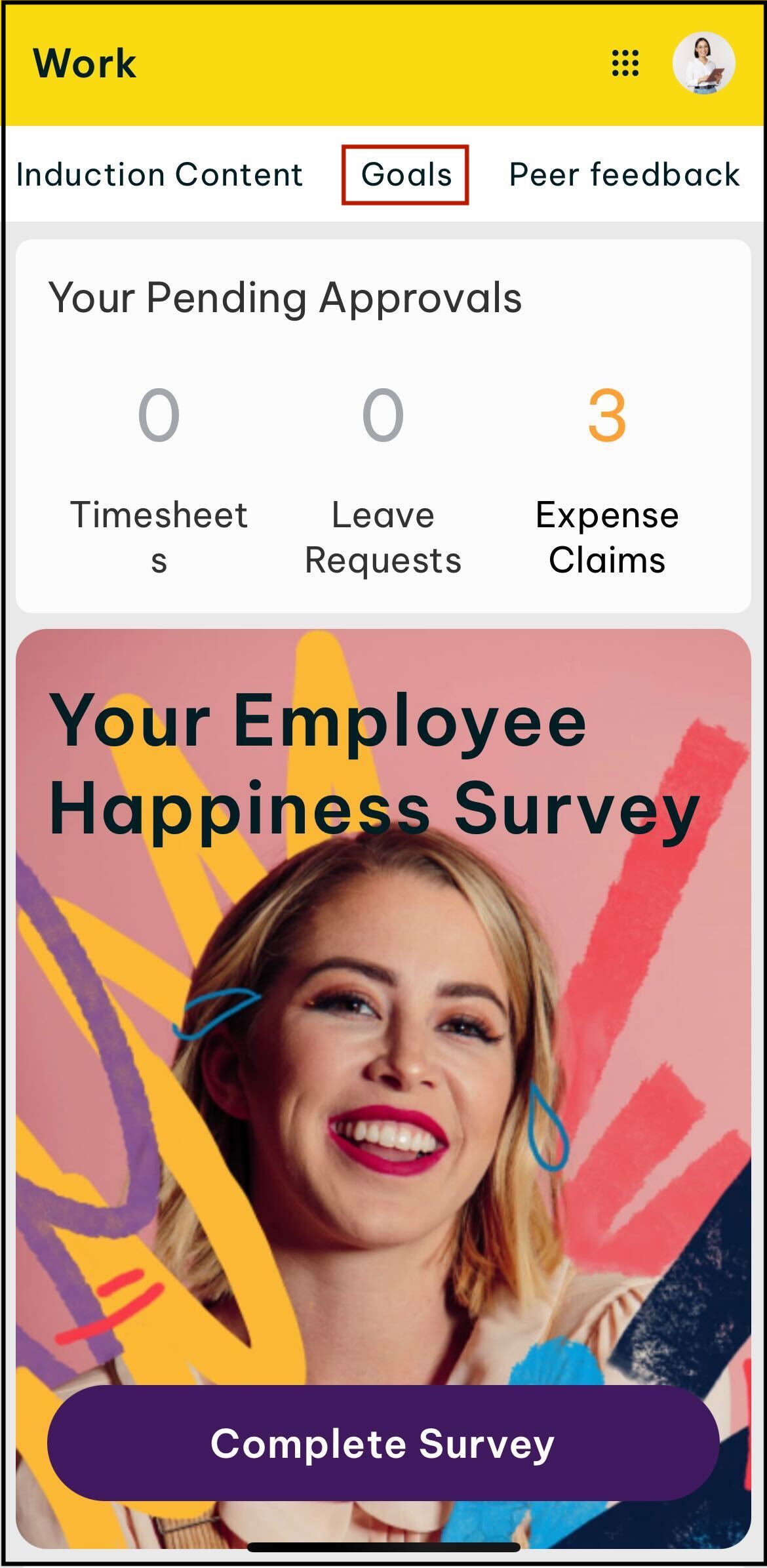 Screenshot of prompt to tap on along the top bar in the employment hero app.