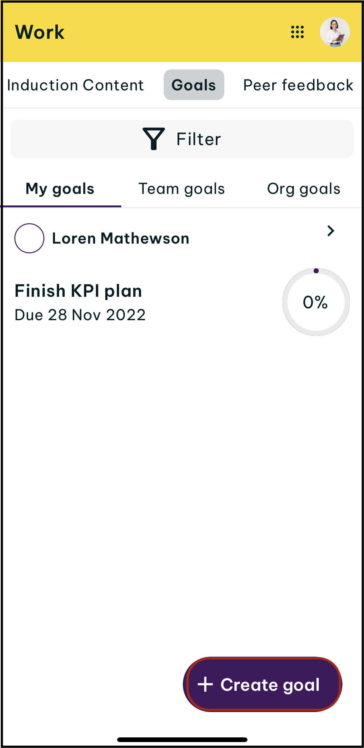Screenshot of prompt to tap on create goal in the employment hero app.