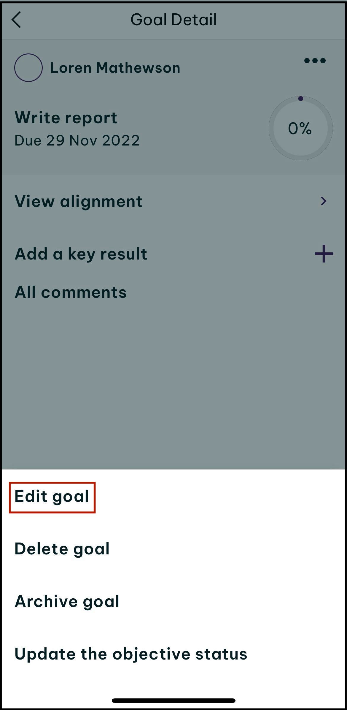 Screenshot of prompt to tap edit goal in the employment hero app.