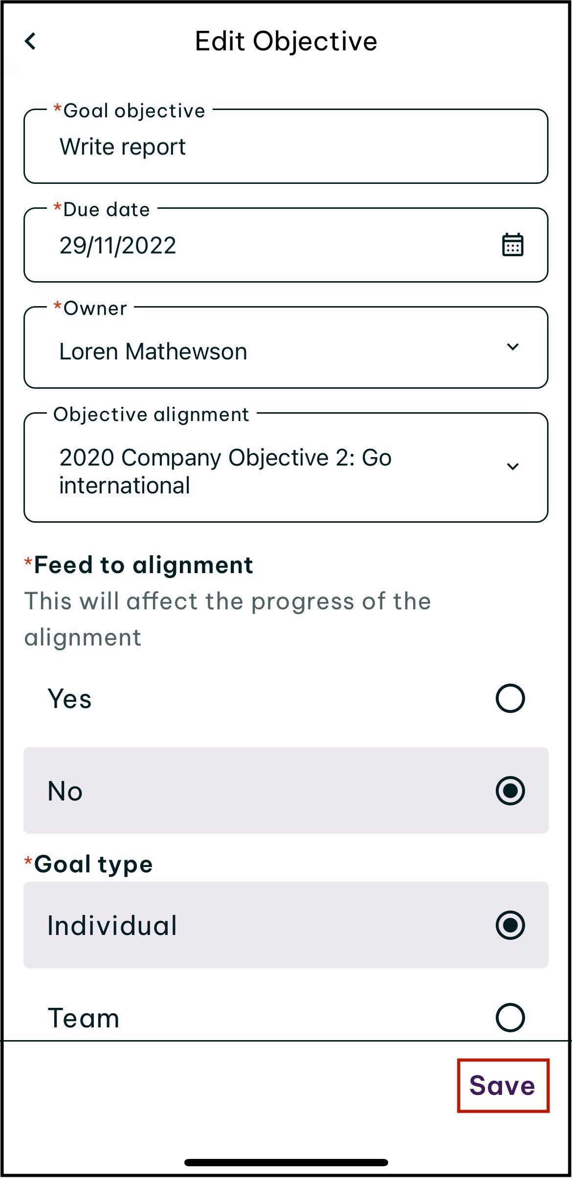 Screenshot of prompt to tap save after you edit the goal in the employment hero app.