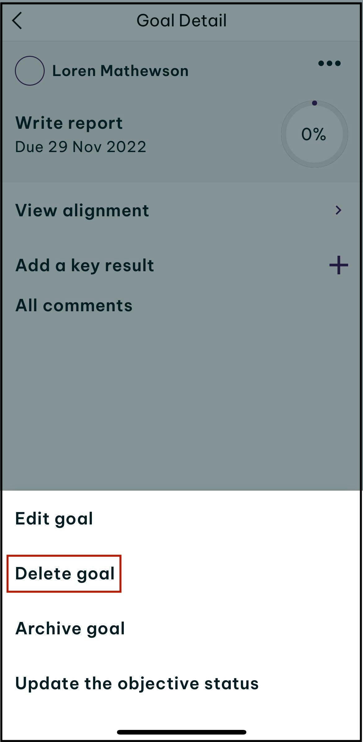 Screenshot of prompt to tap delete goal in the employment hero app.