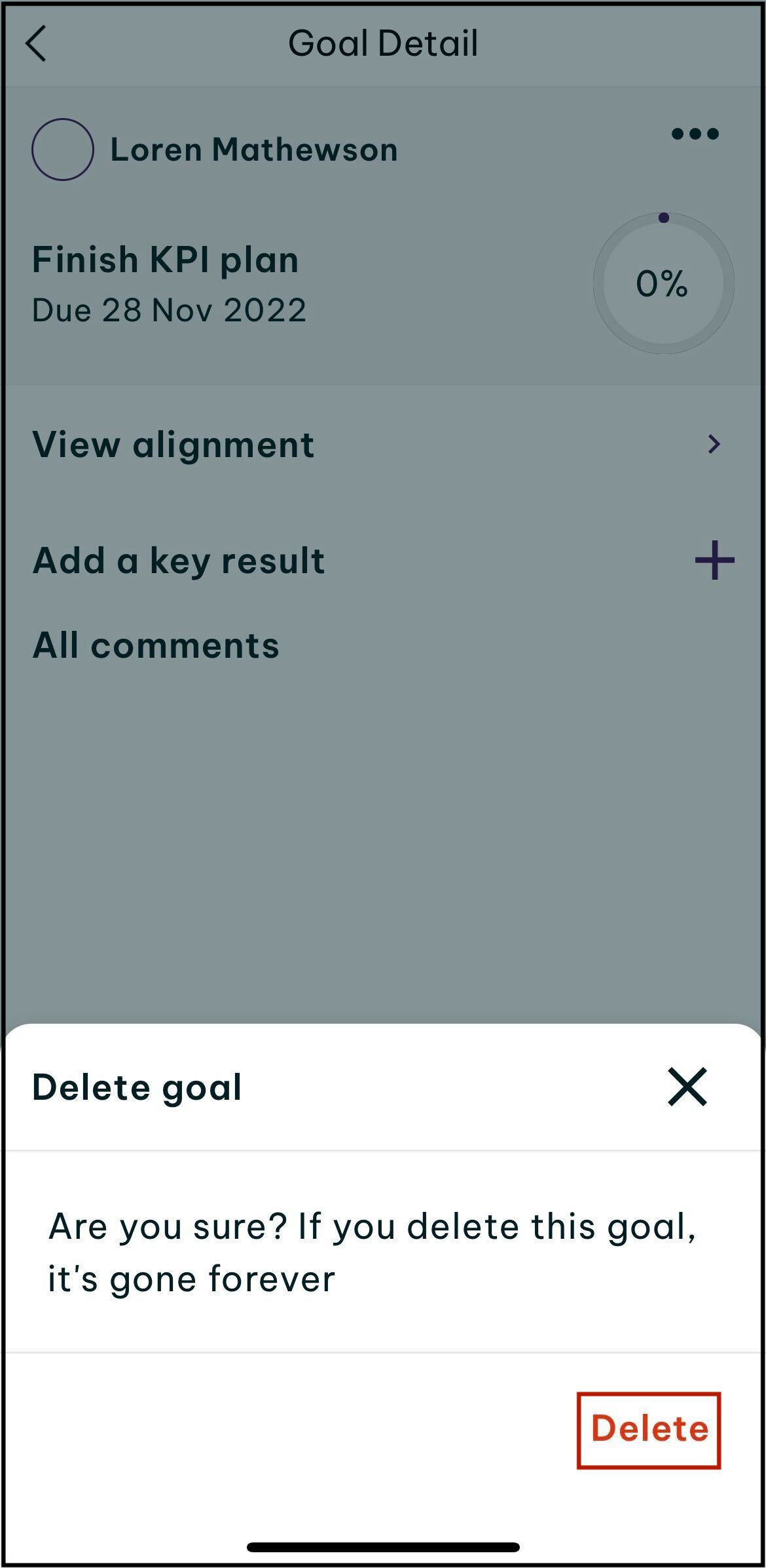 Screenshot of prompt to tap delete goal in the employment hero app.