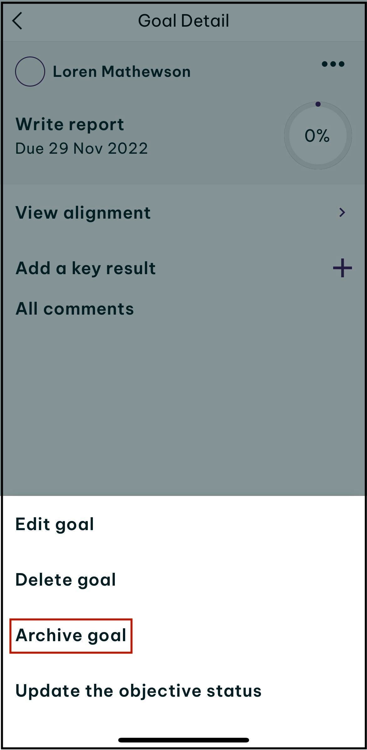 Screenshot of prompt to tap archive goal on the goals screen in the employment hero app.