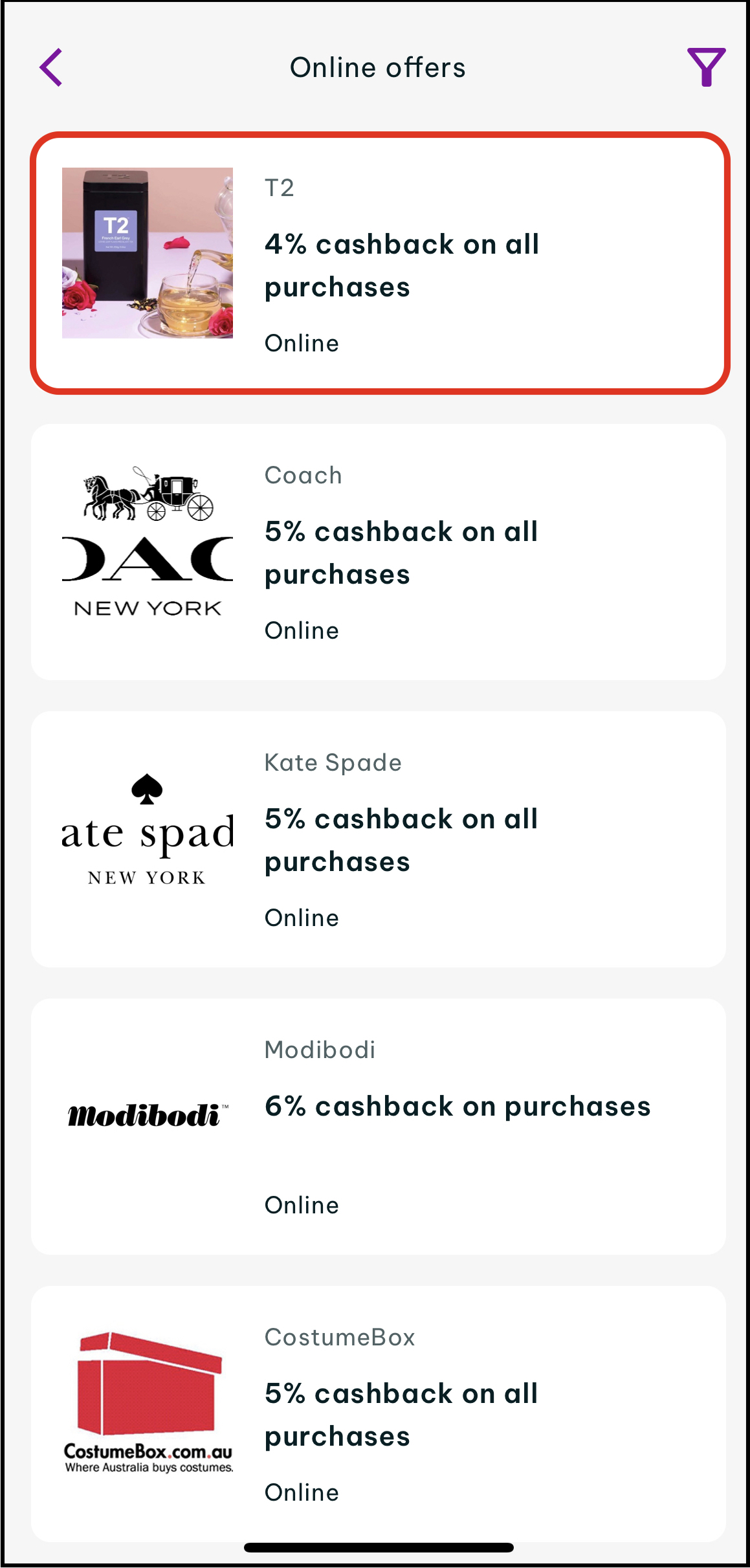 Screenshot of the online benefits store with your desired online store highlighted to tap on and see the cashback offer