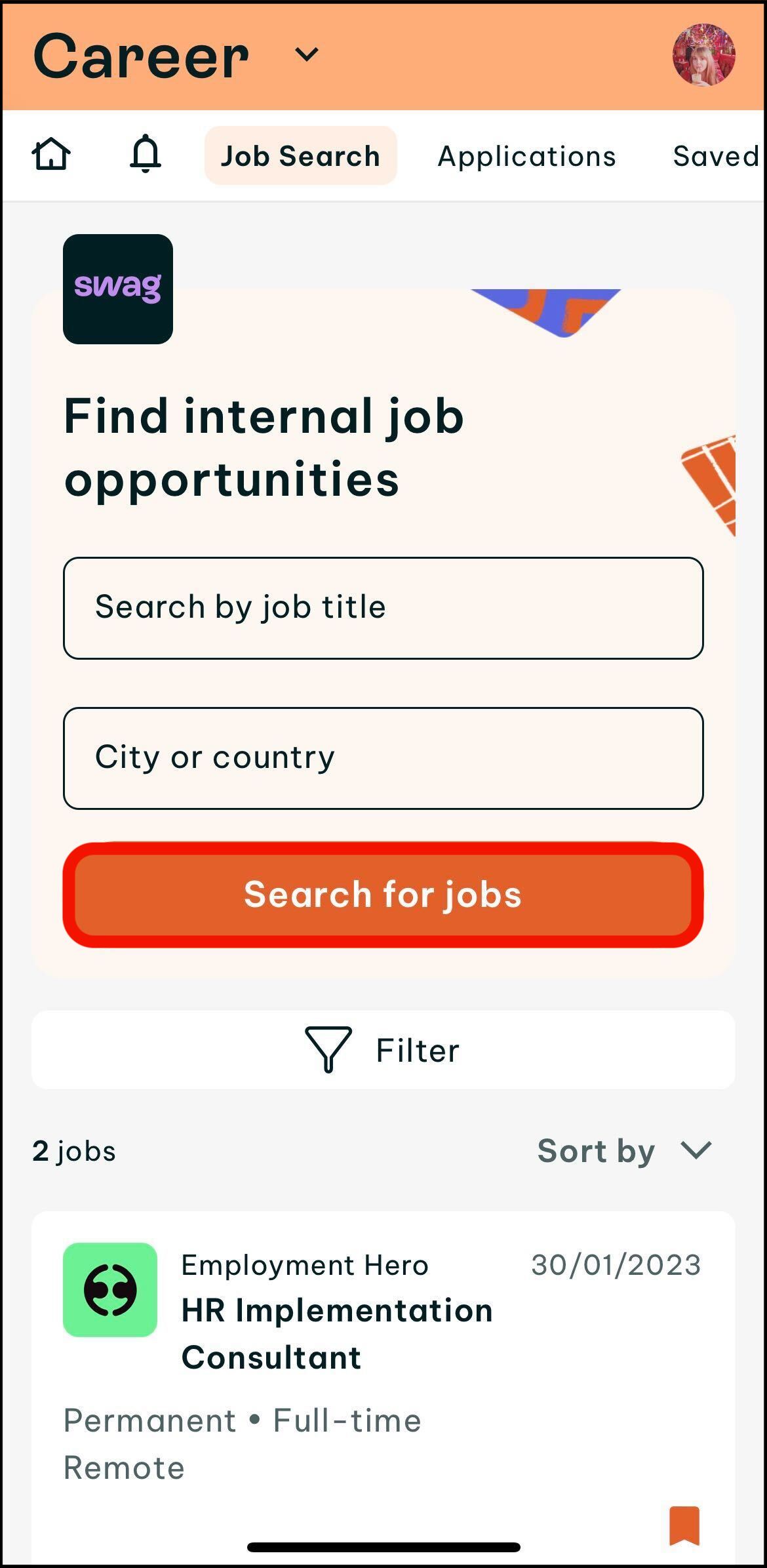 Screenshot of job search in the career section of the swag app. Input your search criteria, then tap search for jobs. This button is highlighted in this screenshot