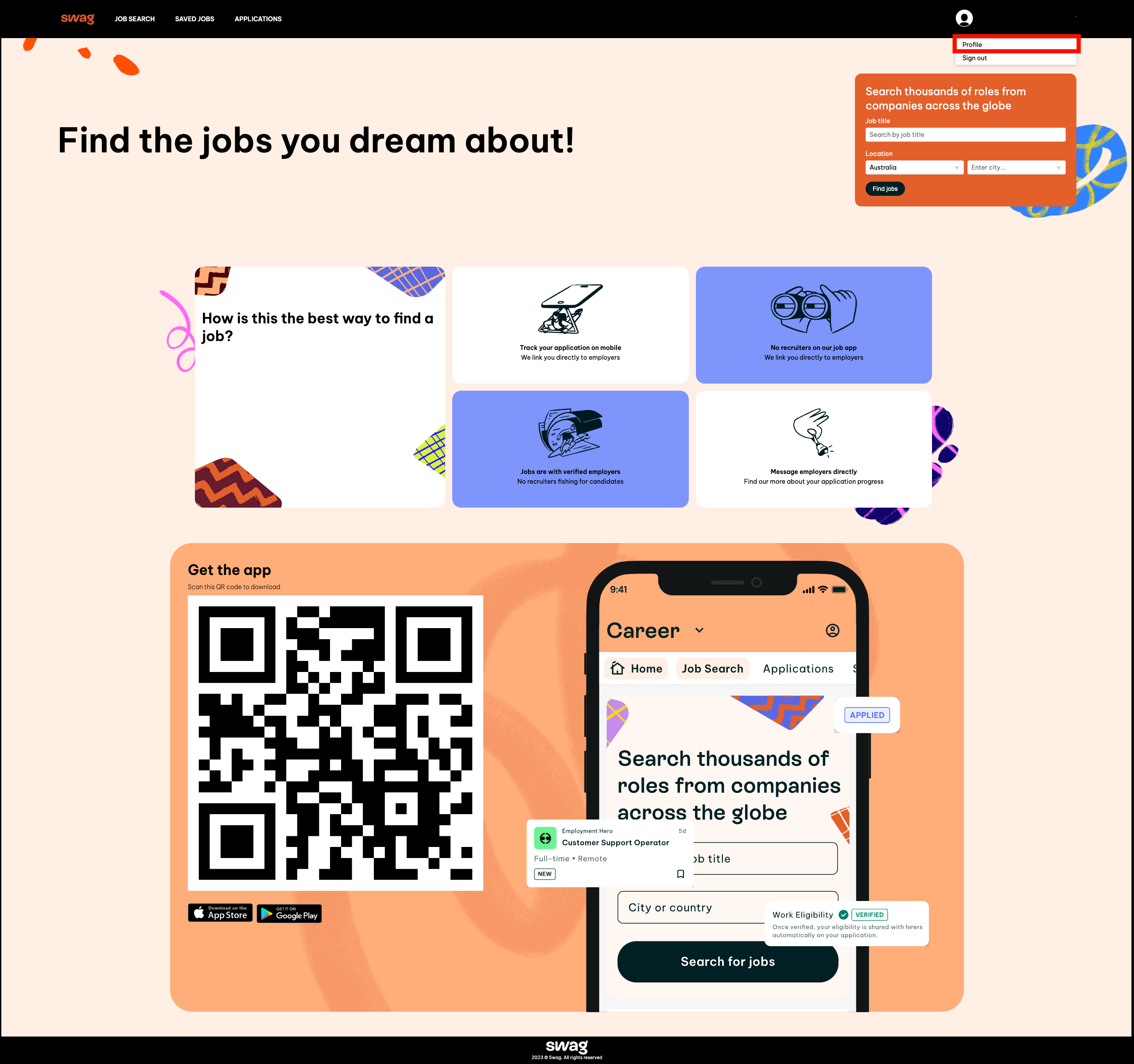 Screenshot of Swag jobs website displaying where you can click on profile to add personal, qualification and experience details