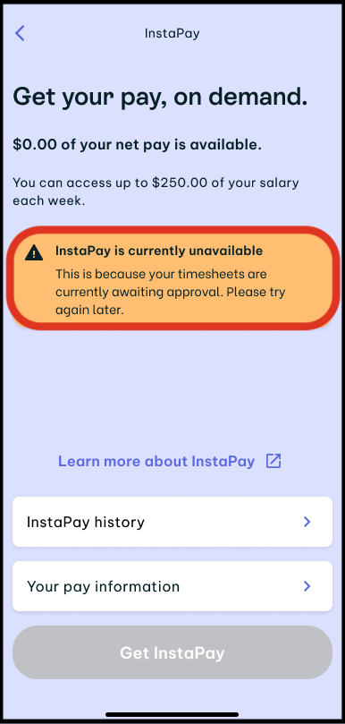 Screenshot of the instapay screen showing an orange tab displaying eligibility advice in the swag app