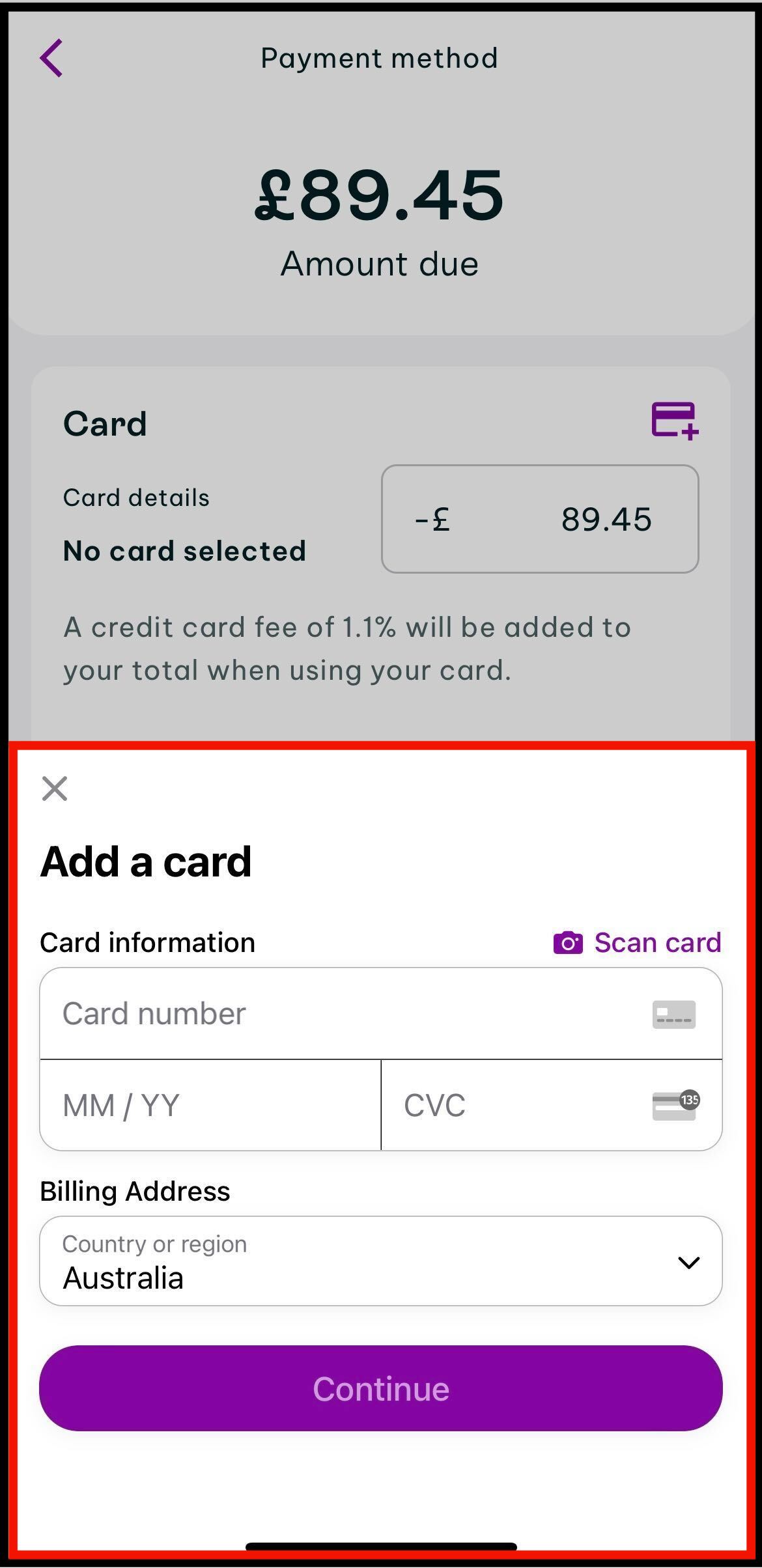 Screenshot of where to add your card details to make a gift card purchase in the benefits section of the u.k. swag app