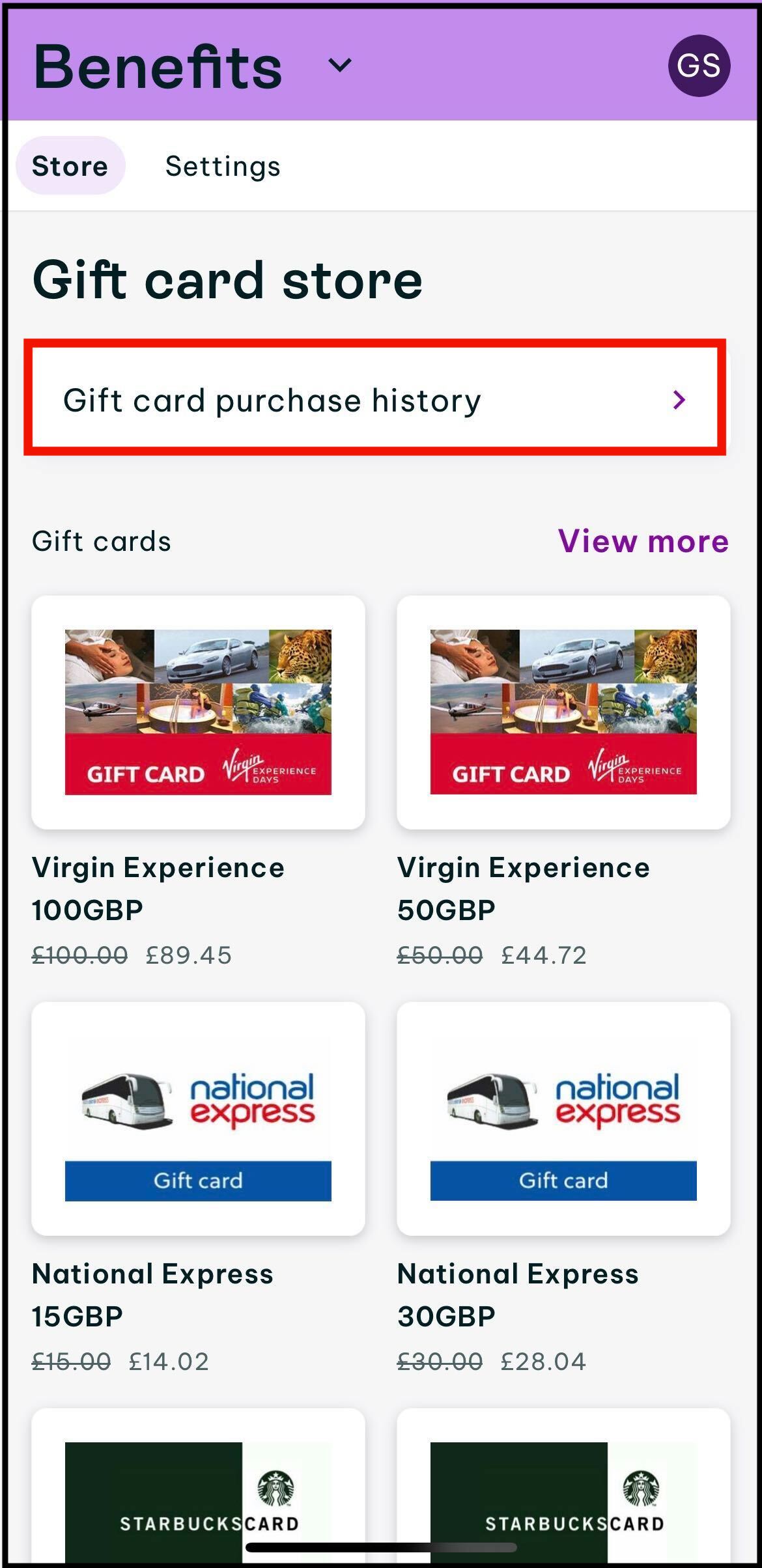 Screenshot of where to tap on gift card purchase history to view your previous purchases in the benefits section of the u.k. swag app