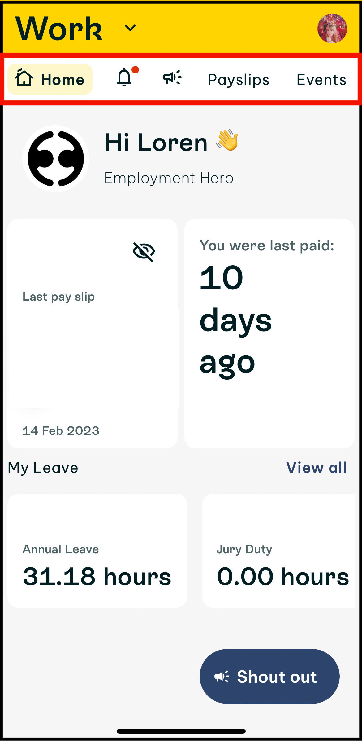 Screenshot of Work app in Swag showing the top bar showing from left to right: Home, bell icon for notifications, megaphone icon for company feed, payslips, then events. If you see this view when you tap on Work in Swag, that means that your employer is using HRIS software.