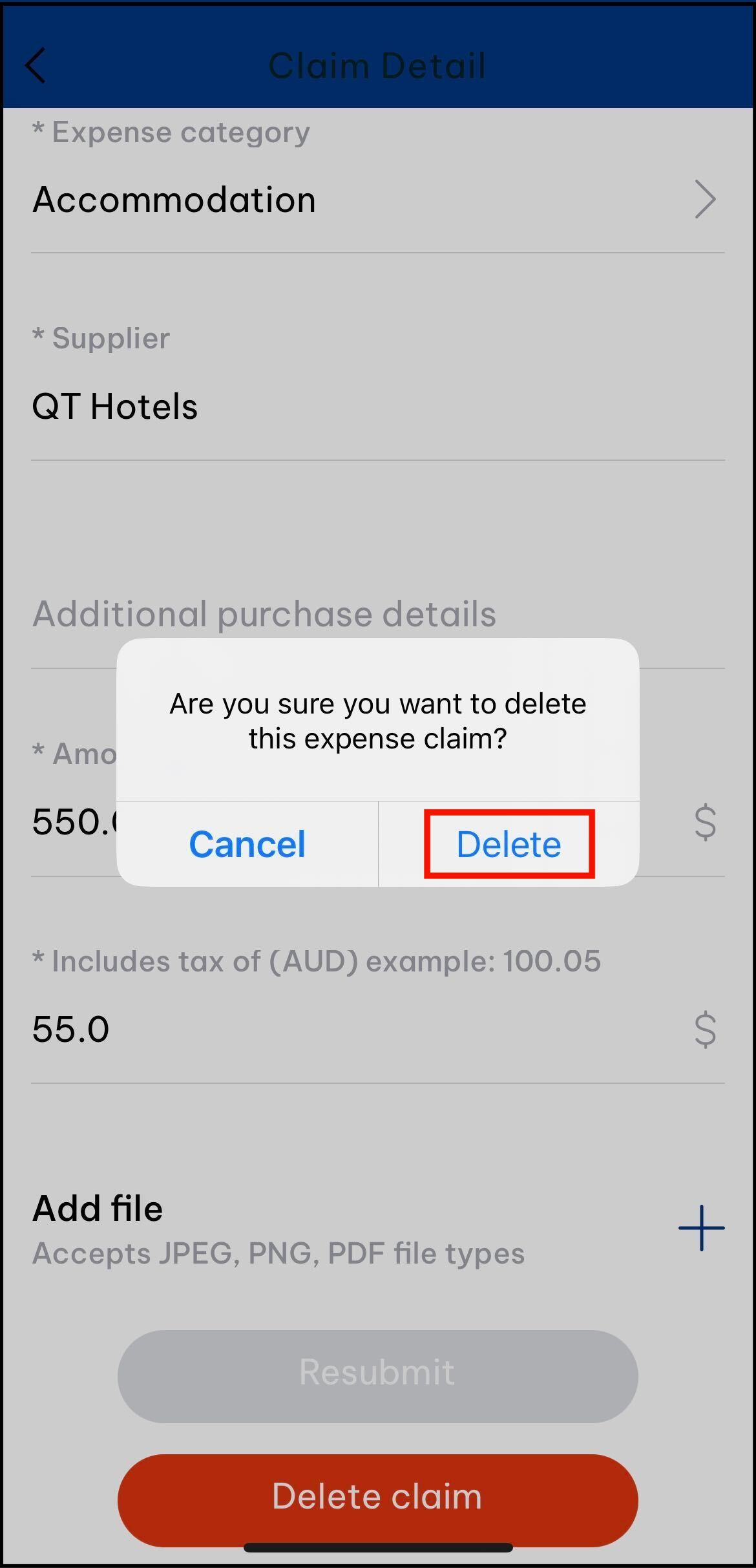 Screenshot of expenses section displaying where to tap on your desired claim to edit it