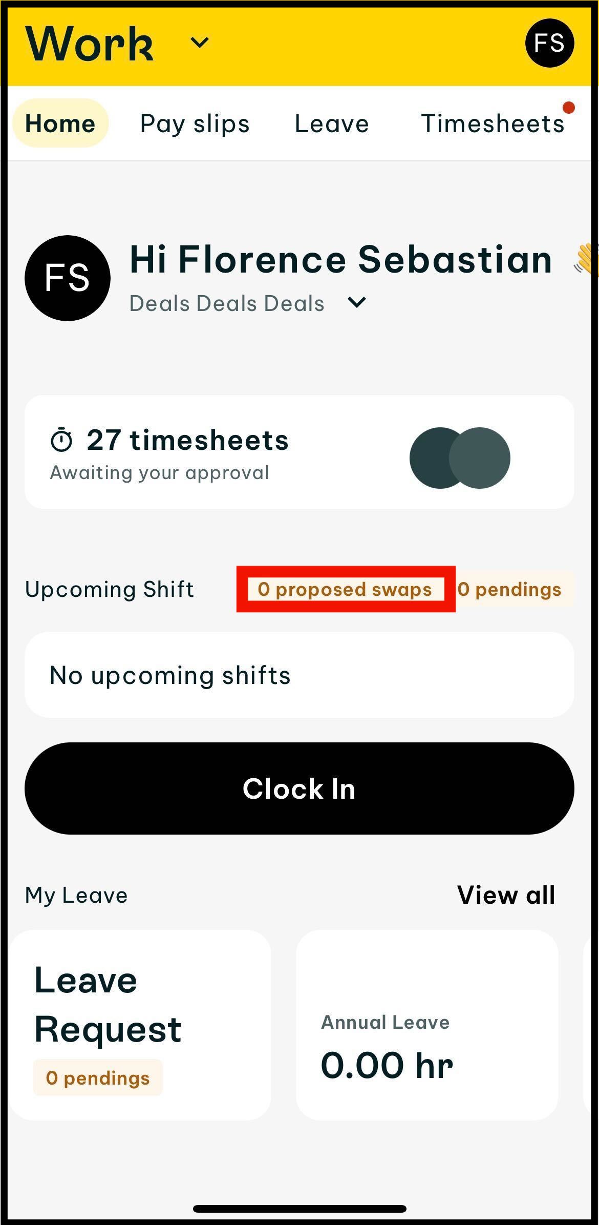 screenshot of where to click on propsoed swaps in the work home screen of swah