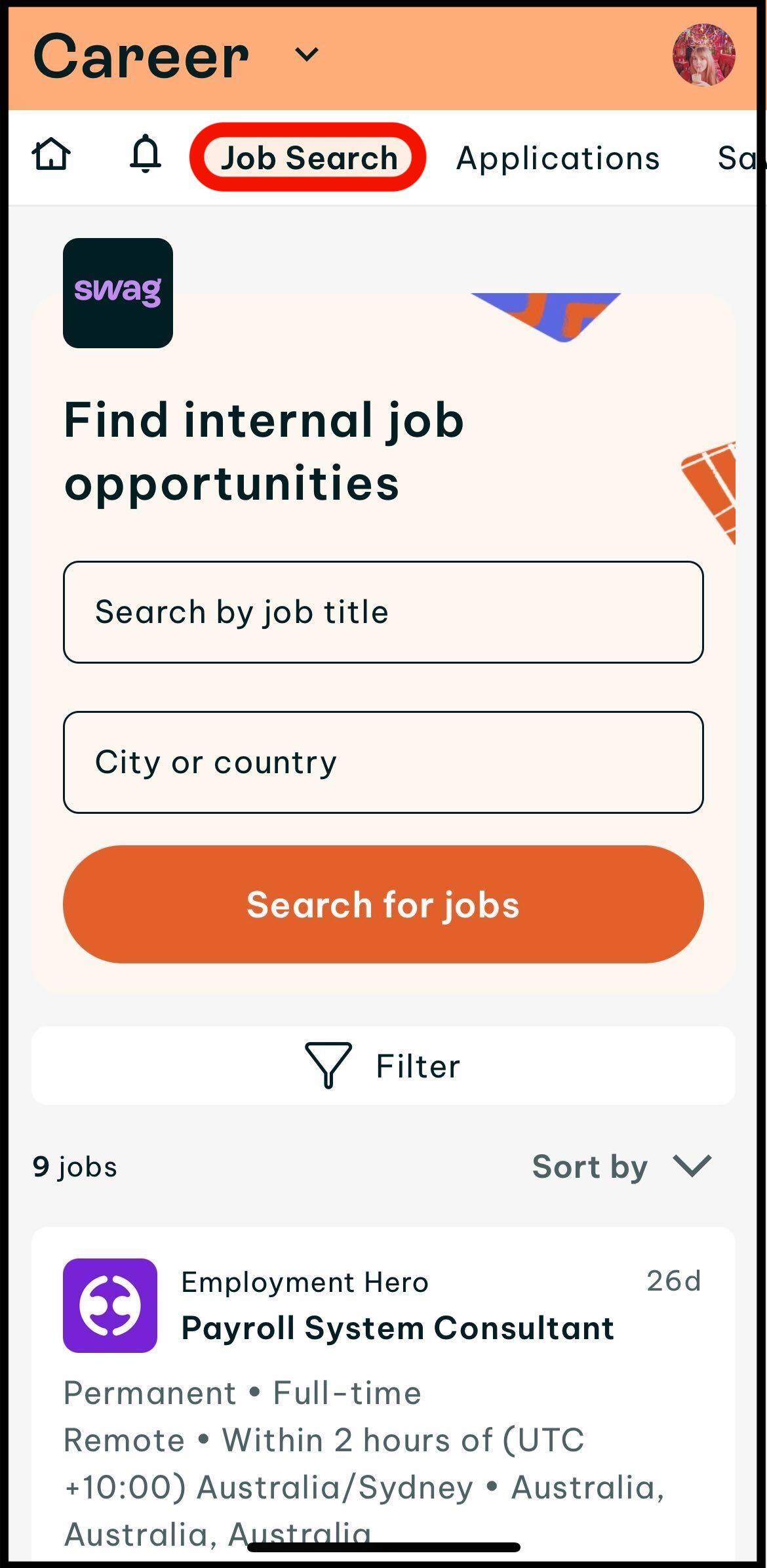Screenshot of where to tap on job search in the career home screen in the swag app