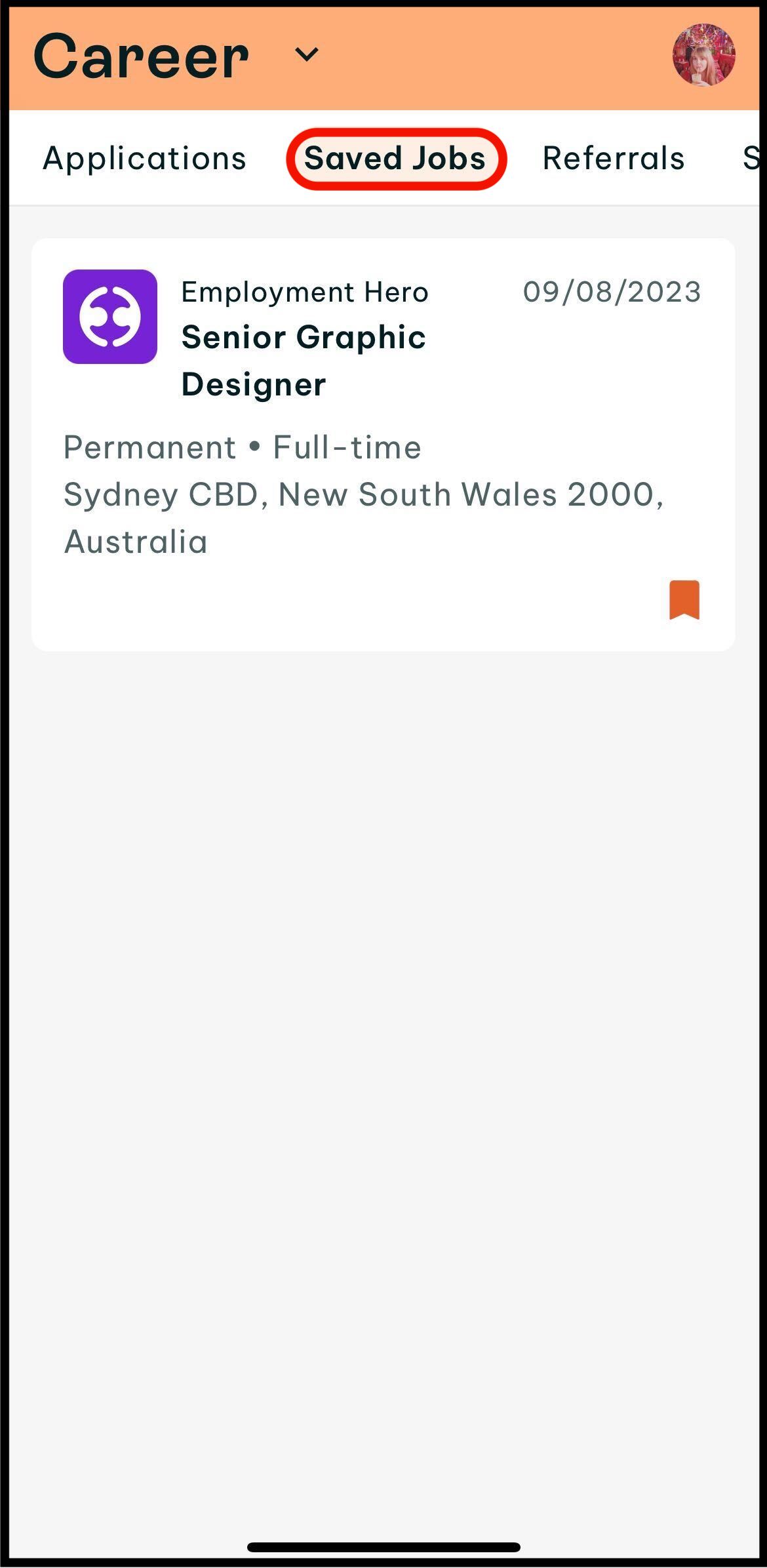 Screenshot of where to tap on saved jobs to view your saved roles in career in the swag app