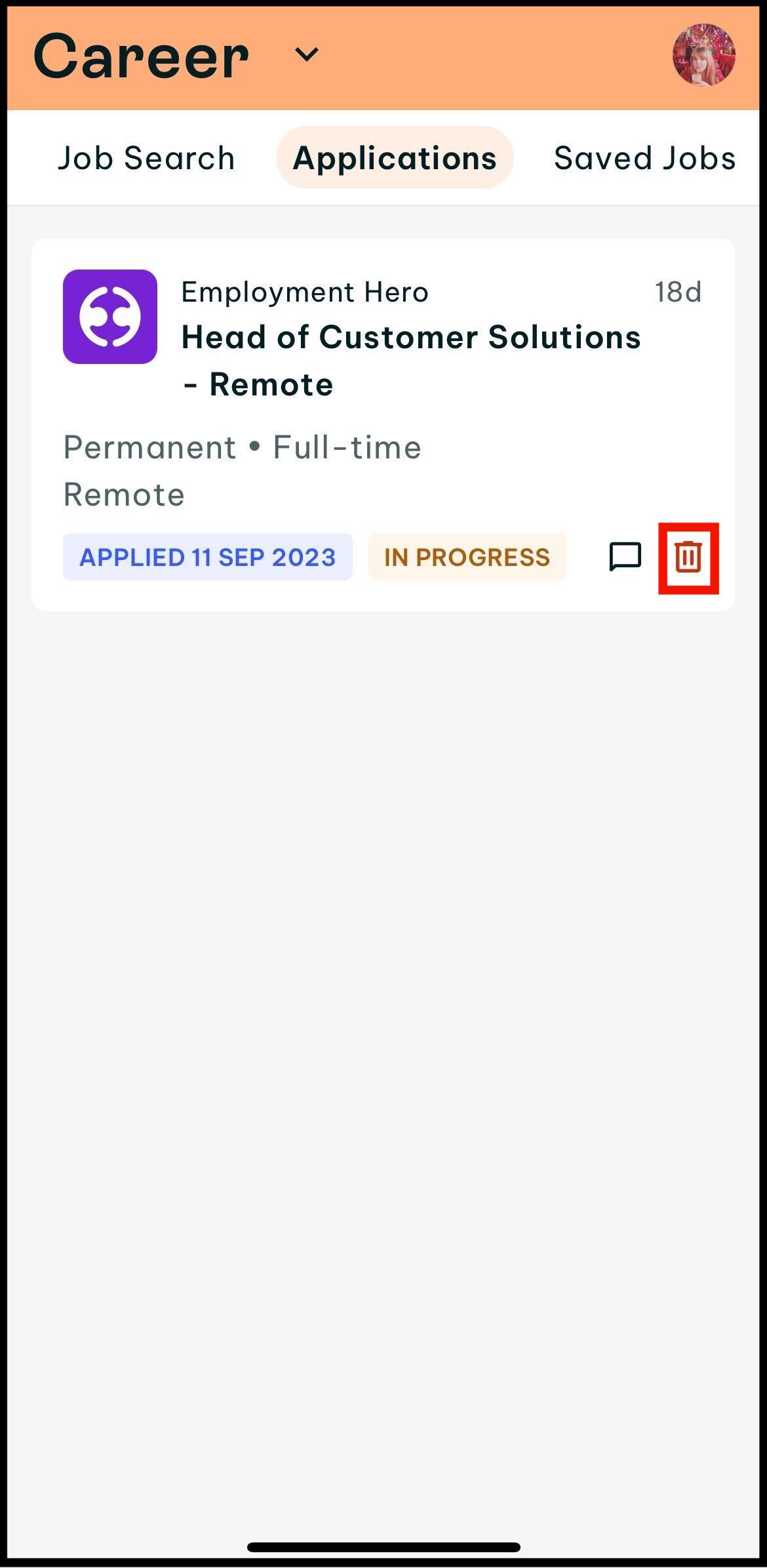 Screenshot of where to tap on the bin icon to withdraw an application in career in the swag app
