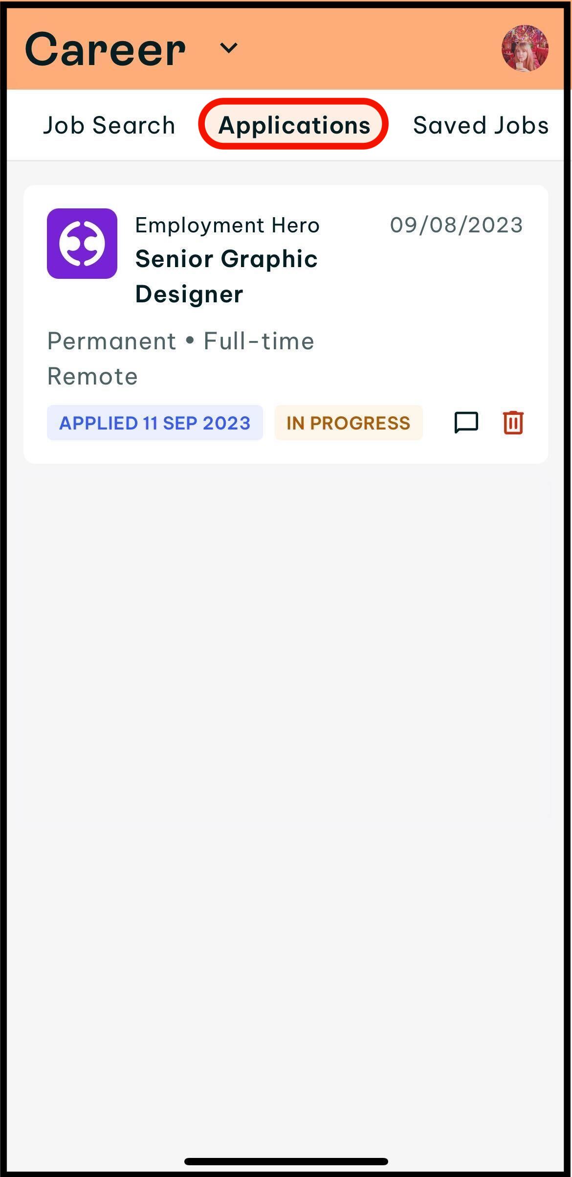 Screenshot of where to tap on applications to view your job applications in career in the swag app