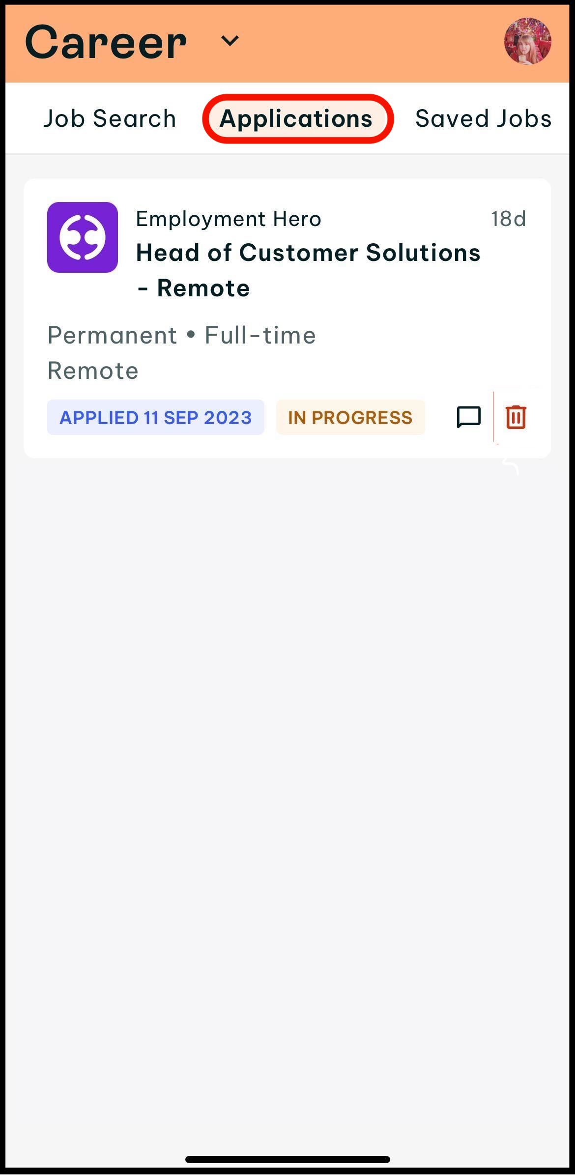 Screenshot of where to tap on applications if you wo0uld like to withdraw an application in career in the swag app