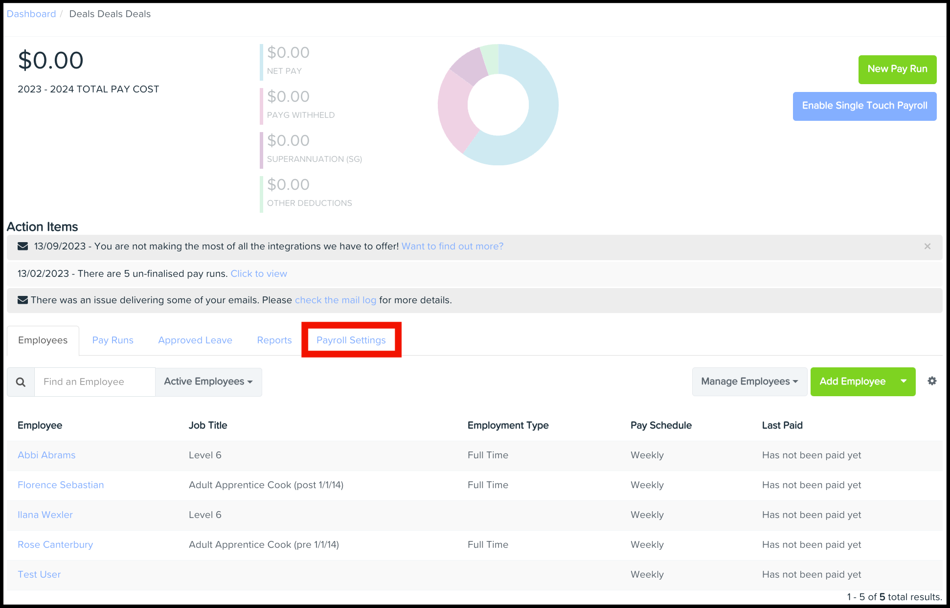 Screenshot of where to click on payroll settings on your dashboard in your payroll software