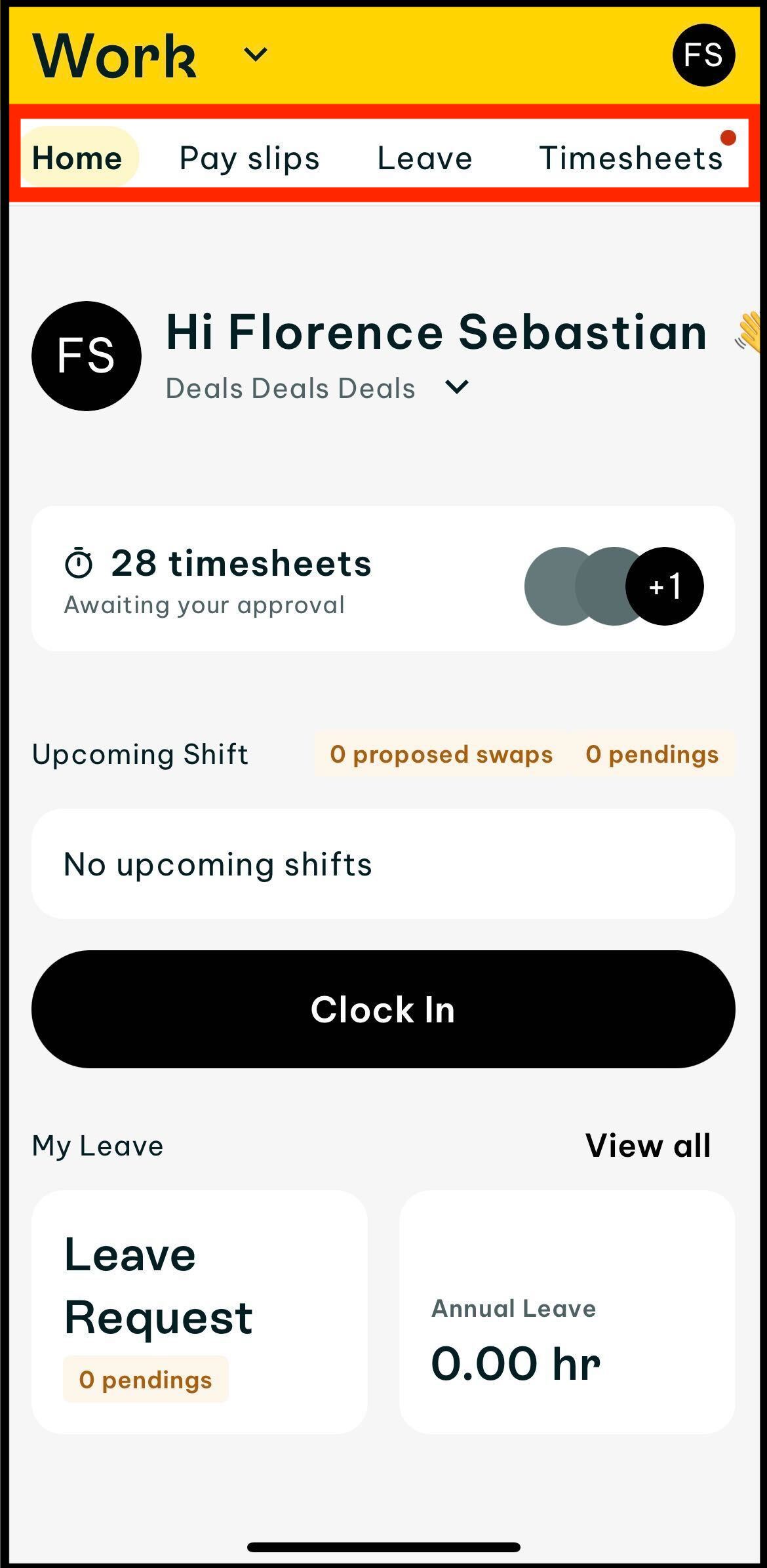 Screenshot of Work app in Swag showing the top bar showing from left to right: Home, payslips, then leave, timesheets, expenses, rosters, unavailability. Also if you see the black clock in button on your work home screen, this is a sign of payroll-only software. If you see this view when you tap on Work in Swag, and if you used to log in using the workzone app, then that means that your employer is using payroll only software.