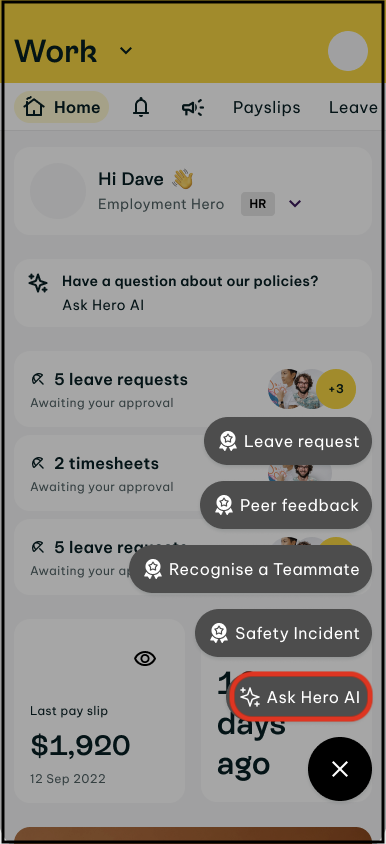 Screenshot of where to tap on the ask hero a.i. button