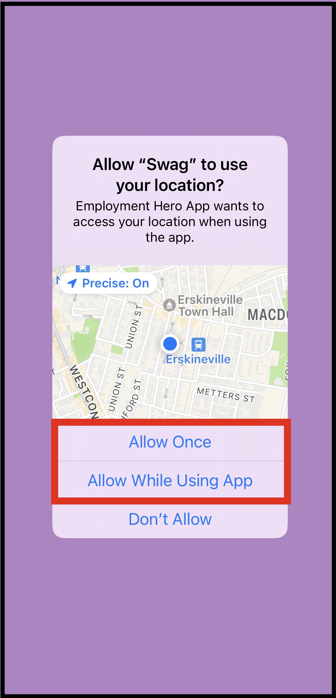 Screenshot of clock in process displaying the request for location